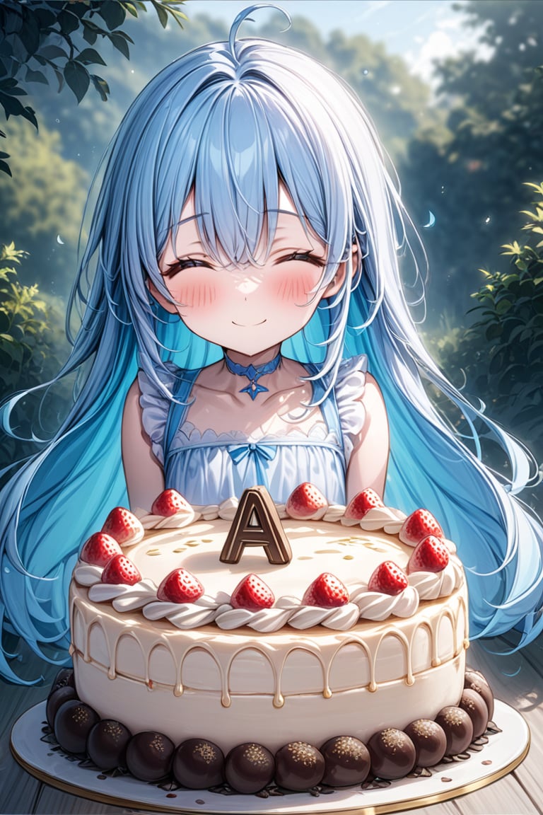 masterpiece, best quality, extremely detailed, (illustration, official art:1.1), 1 girl ,(((( light blue long hair)))), ,(((( light blue long hair)))),light blue hair, , long hair ((blush)) , cute face, masterpiece, best quality,(((((a very delicate and beautiful girl))))),Amazing,beautiful detailed eyes,blunt bangs((((little delicate girl)))),(((tareme))),droopy eyes.(true beautiful:1.2), sense of depth,dynamic angle,,,, affectionate smile, (true beautiful:1.2),,(tiny 1girl model:1.2),)(flat chest),outdoors, garden, 1girl, solo, closed mouth, closed eyes, smile, , collarbone, ,, , choker, , legs, thighs long hair, looking at viewer, blush, smile, , hair between eyes, , , bright pupils,, birthday cake, crema batida por encima, pastel, El mejor pastel, delicioso, taken with sony a7r camera, High detail!!, High detail!!!, Detallado!!, Ganador del concurso, Altamente detallado!!, Luz en la parte superior, Parte frontal llena, Asombroso
