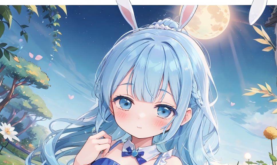 masterpiece, best quality, extremely detailed, (illustration, official art:1.1), 1 girl ,(((( light blue hair)))), ,(((( light blue long hair)))),light blue hair, ,((blush)) , cute face, big eyes, masterpiece, best quality,(((((a very delicate and beautiful girl))))),Amazing,beautiful detailed eyes,blunt bangs((((little delicate girl)))),(((tareme))),droopy eyes.(true beautiful:1.2), sense of depth,dynamic angle,,,, affectionate smile, (true beautiful:1.2),,(tiny 1girl model:1.2),)(flat chest),


score_9, score_8_up, score_7_up, score_6_up, score_5_up, score_4_up, masterpiece, best quality, source_anime, , shiodare,On a full moon night, moon viewing, full moon, Japanese pampas grass, watercolor style, mysterious,


rating_safe, (view from below:1.4), night sky, (big moon:1.4), face focus, upper body,
smile, half-closed eyes, parted lips, looking down,
BREAK
, loli,  ponytail, wavy hair, (hair between eyes:0.7), sideburns, flipped hair, (aqua scrunchie:1.0),aqua eyes, tareme,
playboy bunny, shiny satin leotard, shiny aqua bunny ears, detached collar, bow tie,
outdoors, (night:1.2),, a vase of Japanese pampas grass on either side of the jugoya bun on a plate is offered to