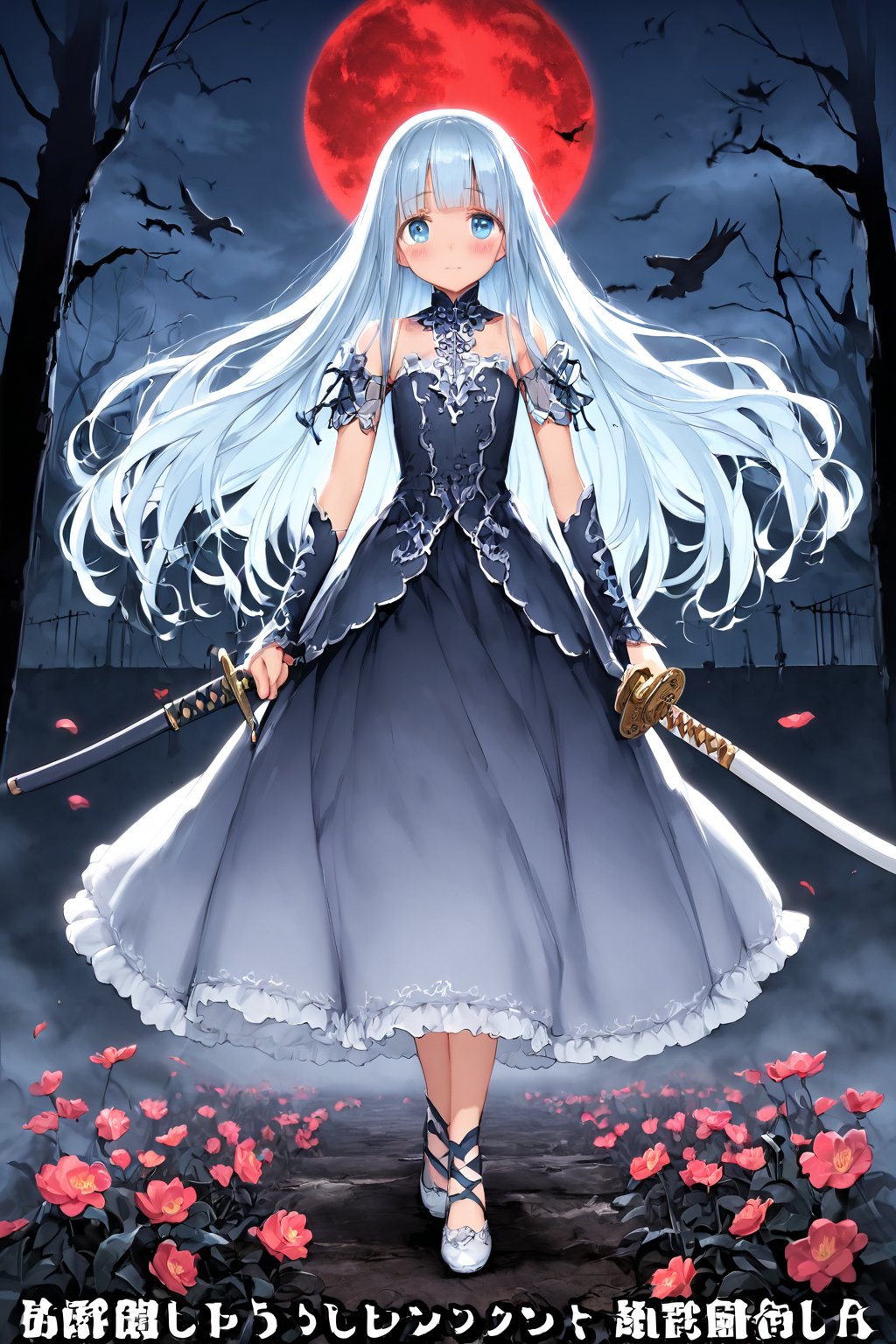 masterpiece, best quality, extremely detailed, (illustration, official art:1.1), 1 girl ,(((( light blue long hair)))), ,(((( light blue long hair)))),light blue hair, , long hair ((blush)) , cute face, masterpiece, best quality,(((((a very delicate and beautiful girl))))),Amazing,beautiful detailed eyes,blunt bangs((((little delicate girl)))),(((tareme))),droopy eyes.(true beautiful:1.2), sense of depth,dynamic angle,,,, affectionate smile, (true beautiful:1.2),,(tiny 1girl model:1.2),)(flat chest), A beautiful anime-style girl with long,,(((detailed)))Blue Eyes,Transparent hair,Face of Sadness,Sad beautiful girl,(((detailed)),(((detailed)))A beautiful immoral girl in a provocative black and grey dress,,(((detailed)))Full Body Shot,Crow,(((detailed)))dead tree,fog,Red Moon,Mysterious Flower,graveyard of darkness。, holding katana,  , holding sword