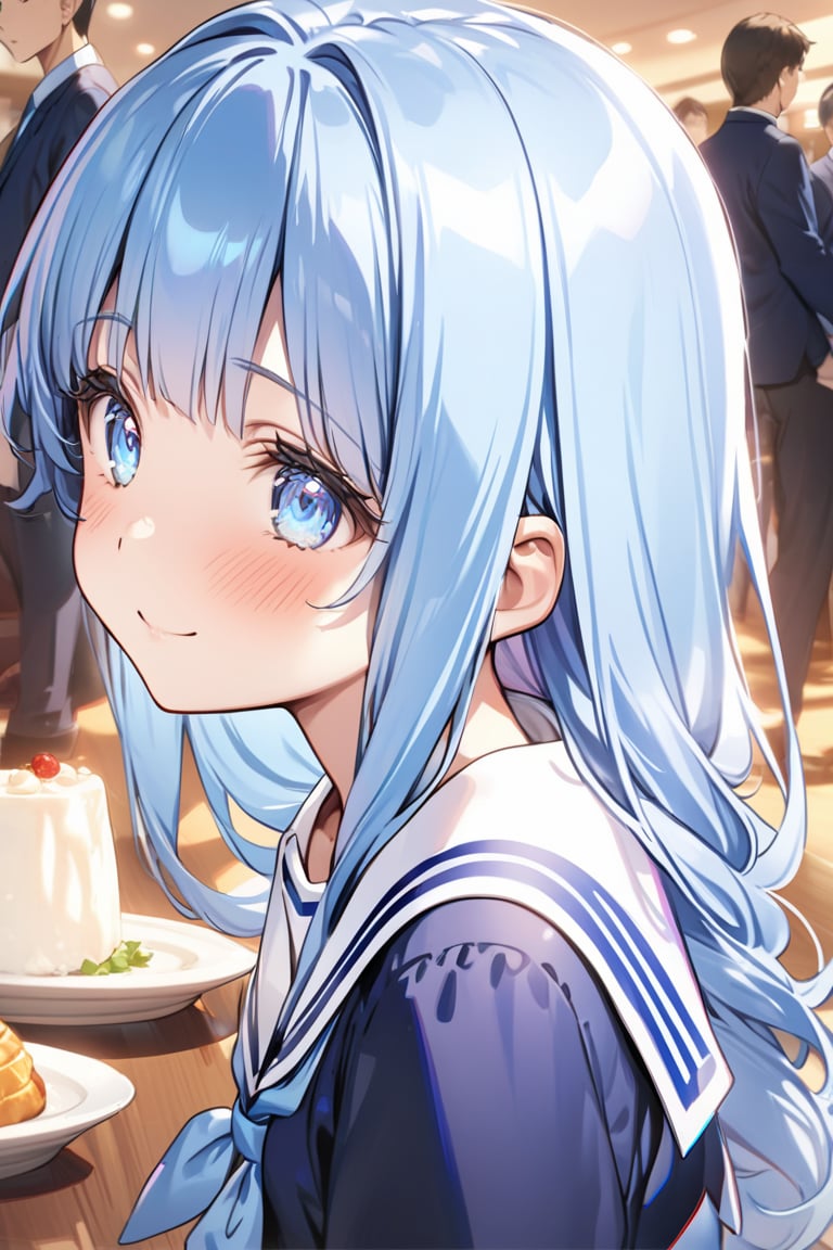 masterpiece, best quality, extremely detailed, (illustration, official art), 1 girl ,(((( light blue long hair)))), ,(((( light blue long hair)))),light blue hair, , long hair ((blush)) , cute face, masterpiece, best quality,(((((a very delicate and beautiful girl))))),Amazing,beautiful detailed eyes,blunt bangs((((little delicate girl)))),tareme,(true beautiful:1.2), sense of depth,dynamic angle,,,, affectionate smile, (true beautiful:1.2),,(tiny 1girl model:1.2),)(flat chest) , 、Sailor suit、(masterpiece,high-quality,ultra detailed,8K,UHD,high-resolution,perfect anatomy,ultra complex and detiled),(little girl, petite:1.1),school students enjoying their lunch in a crowded cafeteria、 Delicate and beautiful anime face、Clear Eyes、Sailor suit、 light blue Braided long hair beautiful girl、anime, anime,loli face,younge ,14yo,(((( light blue long hair)))),Best Quality,High resolution, young,, realistic shadows, anime screencap,, realistic shadows, anime screencap、Clear Eyes、Sailor suit、