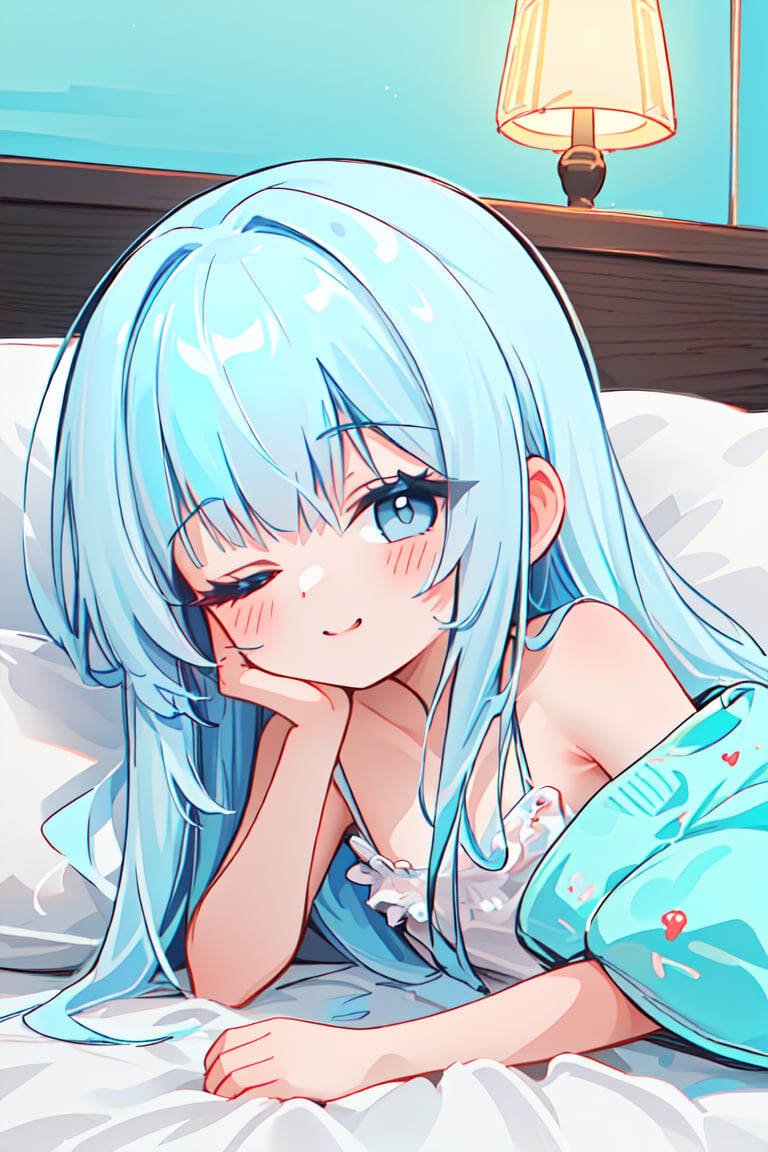 masterpiece, best quality, extremely detailed, (illustration, official art:1.1), 1 girl ,(((( light blue hair)))), ,(((( light blue long hair)))),light blue hair, ,((blush)) , cute face, big eyes, masterpiece, best quality,(((((a very delicate and beautiful girl))))),Amazing,beautiful detailed eyes,blunt bangs((((little delicate girl)))),(((tareme))),droopy eyes.(true beautiful:1.2), sense of depth,dynamic angle,,,, affectionate smile, (true beautiful:1.2),,(tiny 1girl model:1.2),)(flat chest),Minimalist style: pillow on your arms, close your eyes and relax, showing a romantic, relaxed and elegant beauty
