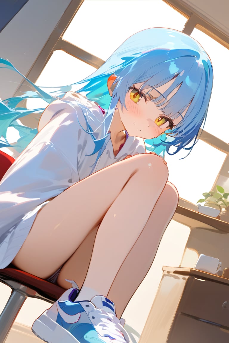 masterpiece, best quality, extremely detailed, (illustration, official art:1.1), 1 girl ,(((( light blue long hair)))), ,(((( light blue long hair)))),light blue hair, , long hair ((blush)) , cute face, big eyes, masterpiece, best quality,(((((a very delicate and beautiful girl))))),Amazing,beautiful detailed eyes,blunt bangs,((((little delicate girl)))),(((tareme))),droopy eyes.sense of depth,dynamic angle,, (true beautiful:1.2),,(tiny 1girl model:1.2),)(flat chest),sitting on the chair, Perfect female body, 1 girls, oversized clothes, hoodie, (、Happiness、Chain Accessories、Put on headphones、dance)）hiquality、visualart、masutepiece、Best graphics、Super delicate,(foot focus) (,Platform sneakers), beautiful and perfect legs,
