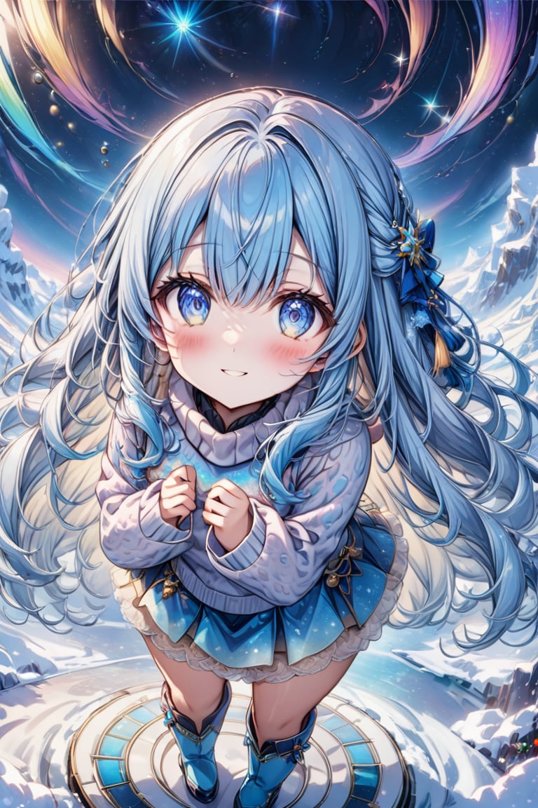 masterpiece, best quality, extremely detailed, (illustration, official art:1.1), 1 girl ,(((( light blue long hair)))), ,(((( light blue long hair)))),light blue hair, , long hair ((blush)) , cute face, big eyes, masterpiece, best quality,(((((a very delicate and beautiful girl))))),Amazing,beautiful detailed eyes,blunt bangs((((little delicate girl)))),tareme(true beautiful:1.2), sense of depth,dynamic angle,,,, affectionate smile, (true beautiful:1.2),,(tiny 1girl model:1.2),)masutepiece、One girl、Winter gear、Antarctic base、Looking up at the Northern Lights. She wears a leopardprint sweater, pink skirt, and blue boots. SPARKLE; GLITTER