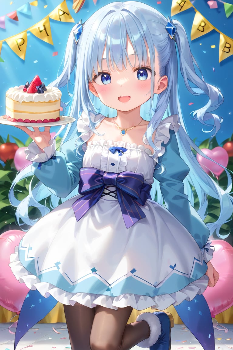 ((masterpiece, best quality, extremely detailed, absurdres)),, masterpiece, best quality, extremely detailed, ((((((light blue long hair)))))), long hair cute anime faces,detailed light,parted lips,shiny、beautiful detailed face,,longhair、(((( light blue long hair)))),,, , 1girl, solo, flat chest, blush, bangs, caramel、Perfect beautiful woman,masterpiece, best quality, ,flat chest, (flat chest),(masterpiece, best quality:1.3) 1girl, solo, long hair, looking at viewer, blush, smile, open mouth, , long sleeves, dress, holding, , jewelry, standing, heart, pantyhose, boots, food, necklace, two side up,, ,tanding on one leg, background, plate, happy birthday, cake, birthday, fur-trimmed boots, birthday cake,Lolita-clothing
