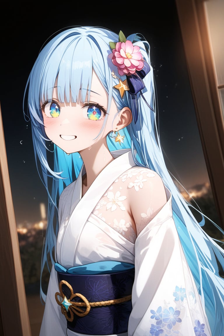 masterpiece, best quality, extremely detailed, (illustration, official art:1.1), 1 girl ,(((( light blue long hair)))), ,(((( light blue long hair)))),light blue hair, , long hair ((blush)) , cute face, masterpiece, best quality,(((((a very delicate and beautiful girl))))),Amazing,beautiful detailed eyes,blunt bangs((((little delicate girl)))),(((tareme))),droopy eyes.(true beautiful:1.2), sense of depth,dynamic angle,,,, affectionate smile, (true beautiful:1.2),,(tiny 1girl model:1.2),)(flat chest), "A woman in a beautiful white yukata with hydrangea patterns. The obi of the yukata is pink and adorned with shining pearl accessories. The background features fireworks lighting up the dark night sky with vibrant colors, beautifully illuminating her."colored inner hair, side ponytail, hair one side up, shiny hair, wet hair, tied hair, low-braided long hair, lone nape hair, kanzashi, star hair ornament, flower hair ornament, musical note hair ornament, multicolored eyes, aqua eyes, gradient eyes, gradient_eyes, longeyelashes, solid circle eyes, crescent earrings, glint, happy, laughing, Surrealism, anime, sparkle, 8k, super detail, UHD, accurate, masterpiece, anatomically correct, textured skin, super detail, high details, high quality, award winning, best quality, highres
,full body,