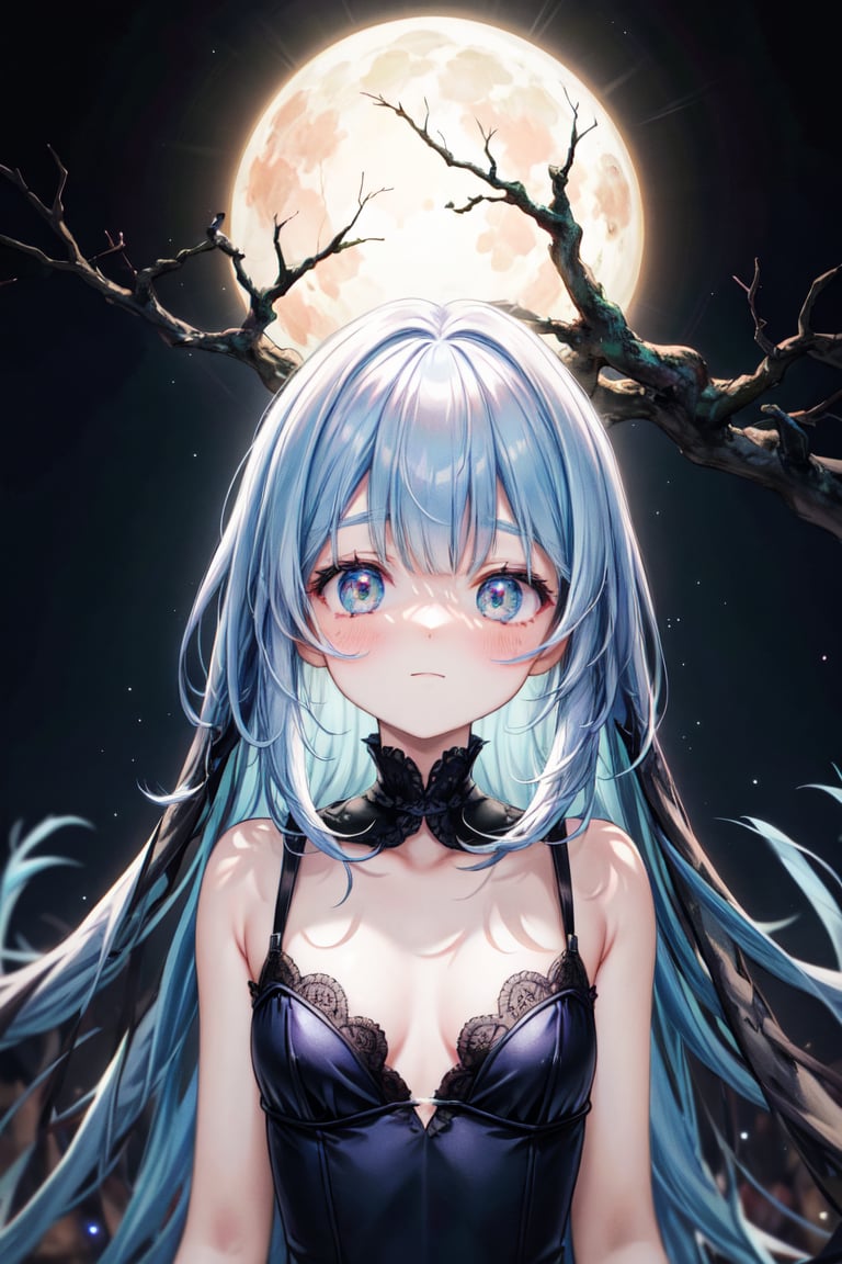 Masterpiece, best quality, extremely detailed, (illustration, official art: 1.1),(((1 girl))), ((light blue long hair))), light blue hair,, young, skinny,, (blush)), cute ((blush)) face, big eyes, tareme, masterpiece, best quality, (a very delicate and beautiful girl)))), flat chest, amazing, beautiful detailed eyes, blunt bangs (((little delicate girl)))), tareme ( True Beautiful: 1.2), , Optical Illusion, Black Light Art, Conceptual Artwork, by Arthur Rackham, (Best Qualityer, High Resolution, Ultra Detali), The Goddess , Brilliant Mystical Spells, A Haunted Forest, Orange and Purple Tones, Portraits, Bright Coloured, Extreme Detailed Description, Sharp Focus, Painfully Based Rendering, Studio Lighting, Horor, magical, mysterious atmosphere, swirling mist, ethereal glow, ancient trees, twisted branches, moonlit sky, mysterious shadows, mesmerizing, enchanting, hauntingly beautiful,
