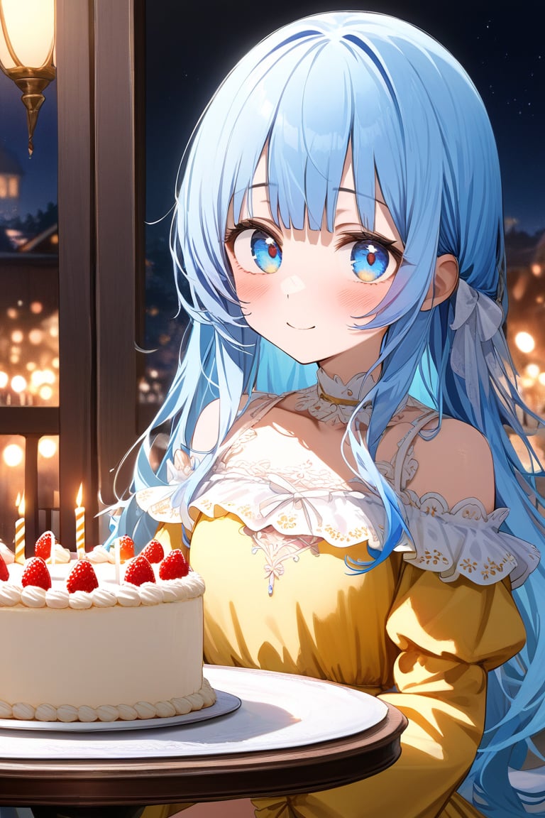 masterpiece, best quality, extremely detailed, (illustration, official art:1.1), 1 girl ,(((( light blue long hair)))), ,(((( light blue long hair)))),light blue hair, , long hair ((blush)) , cute face, masterpiece, best quality,(((((a very delicate and beautiful girl))))),Amazing,beautiful detailed eyes,blunt bangs((((little delicate girl)))),(((tareme))),droopy eyes.(true beautiful:1.2), sense of depth,dynamic angle,,,, affectionate smile, (true beautiful:1.2),,(tiny 1girl model:1.2),)(flat chest),1Young girl,,Off-shoulder dress,Navel,Round Table,Birthday Cake,Make a Wish,night,Beautiful red light,Candle,Casual Dresses,dinner time,Special　dinner