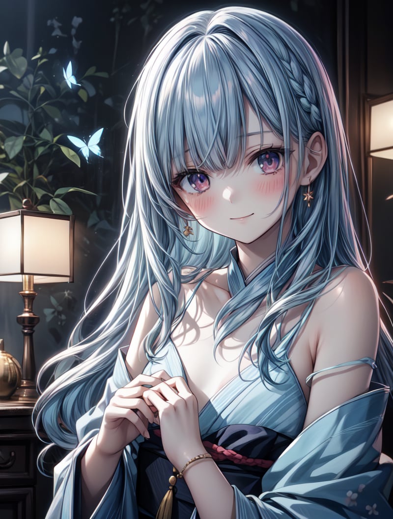 masterpiece, best quality, extremely detailed, (illustration, official art:1.1), 1 girl ,(((( light blue long hair)))), ,(((( light blue long hair)))),light blue hair, , long hair ((blush)) , cute face, masterpiece, best quality,(((((a very delicate and beautiful girl))))),Amazing,beautiful detailed eyes,blunt bangs((((little delicate girl)))),(((tareme))),droopy eyes.(true beautiful:1.2), sense of depth,dynamic angle,,,, affectionate smile, (true beautiful:1.2),,(tiny 1girl model:1.2),)(flat chest),​masterpiece、top-quality、Movie stills、1girl in、animesque、Pink Shorthair、Pink eyes、illustratio、kimono、Japanese dress、kawaii、Large grasslands、Watching the fireworks（Spark：0.7）、By Shinkai Makoto