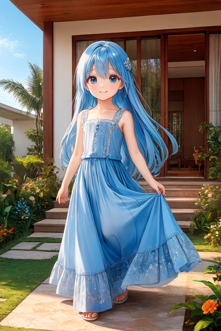 masterpiece, best quality, extremely detailed, (illustration, official art:1.1), 1 girl ,(((( light blue long hair)))), ,(((( light blue long hair)))),light blue hair, , long hair ((blush)) , cute face, big eyes, masterpiece, best quality,(((((a very delicate and beautiful girl))))),Amazing,beautiful detailed eyes,blunt bangs((((little delicate girl)))),(((tareme))),droopy eyes.(true beautiful:1.2), sense of depth,dynamic angle,,,, affectionate smile, (true beautiful:1.2),,(tiny 1girl model:1.2),)(flat chest),smile、(4 year old child２people)、Holding hands and taking a walk、, proudly showing her their luxurious, modern home. The home is elegant and sophisticated, seamlessly blending with the surrounding lush greenery. The scene exudes a warm, aesthetic vibe, with soft, inviting colors and gentle lines, capturing the love and pride in the young man's eyes as he presents their stunning residence to his mother. The house features sleek architecture, large windows, and stylish design elements, ensuring a contemporary and luxurious feel. The overall atmosphere is serene and enchanting, evoking a sense of beauty, tranquility, and modern opulence.a family of 3 posing in front of a house、full body、Long skirt
