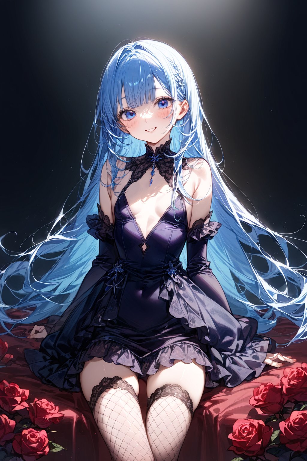 masterpiece, best quality, extremely detailed, (illustration, official art:1.1), 1 girl ,(((( light blue long hair)))), ,(((( light blue long hair)))),light blue hair, , long hair ((blush)) , cute face, big eyes, masterpiece, best quality,(((((a very delicate and beautiful girl))))),Amazing,beautiful detailed eyes,blunt bangs((((little delicate girl)))),tareme(true beautiful:1.2), sense of depth,dynamic angle,,,(((tareme))), affectionate smile, (true beautiful:1.2),,(tiny 1girl model:1.2)(flat chest) 、（dark atmosphere,gothic fashion,bright colors）,（best quality,Super exquisite,）,Sexy goth Vampire girl,In the rose garden at night,Beautiful and delicate eyes,Straight black light blue long hair with blue tips,Crow feathers,red lipstick,mysterious smile,Pale complexion,fishnet stockings,black dress,Pointed-toe bootysterious aura,The moonlight illuminates her elegant silhouette,Soft shadows and soft highlights,Contrasting colors create a vibrant atmosphere,dark and moody color palette,Subtle yet dramatic lighting effects,Sublime darkness intertwined with exquisite moonlight, She's tall and mature, red tone, beatiful pretty face