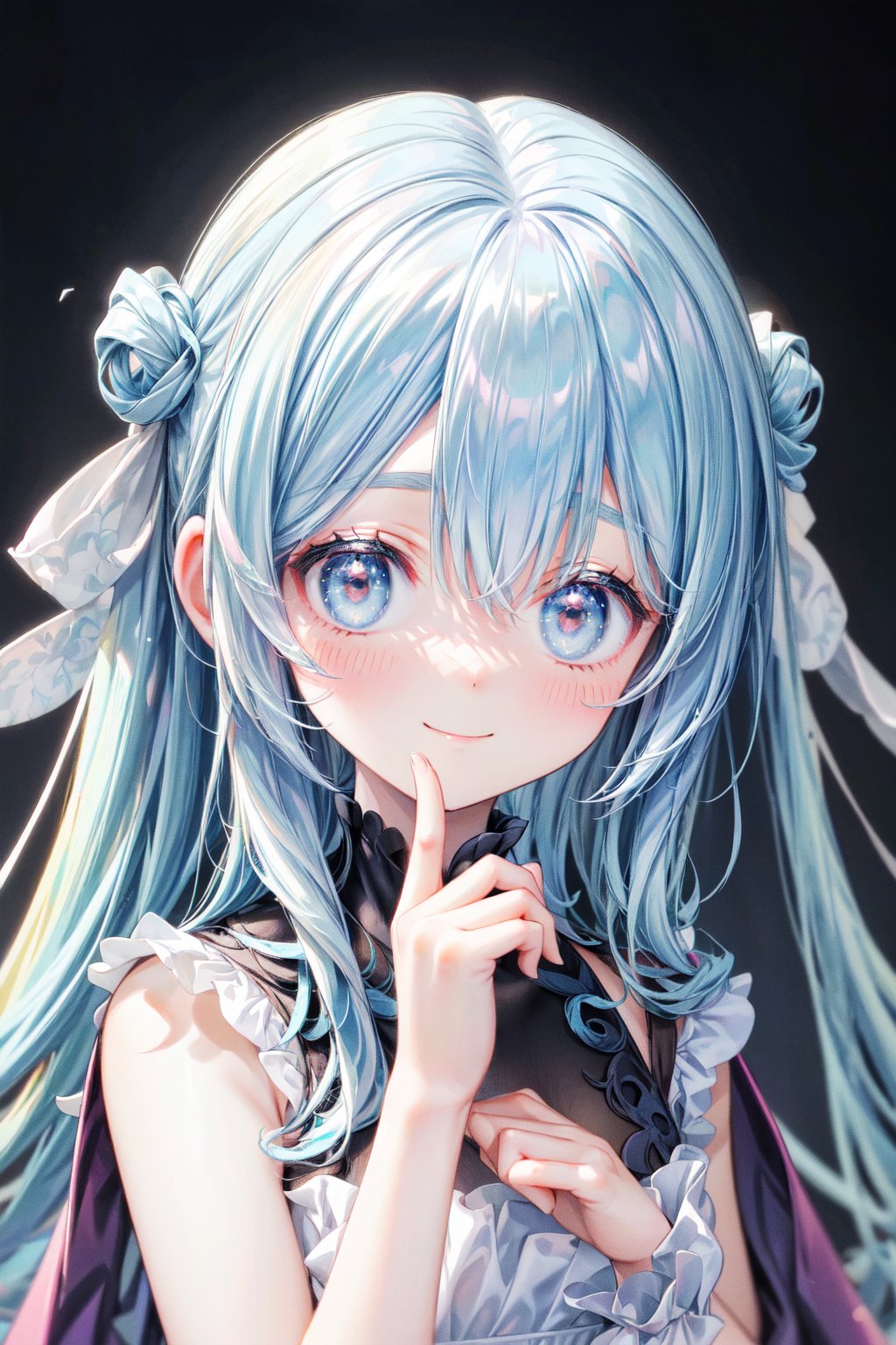 (illustration, official art:1.1), 1 girl ,(((( light blue hair)))), ,(((( light blue long hair)))),light blue hair, ,((blush)) , cute face, big eyes, masterpiece, best quality,(((((a very delicate and beautiful girl))))),Amazing,beautiful detailed eyes,blunt bangs((((little delicate girl)))),(((tareme))),droopy eyes.(true beautiful:1.2), sense of depth,dynamic angle,,,, affectionate smile, (true beautiful:1.2),,(tiny 1girl model:1.2),girl,Ten years old、(Absurd, High resolution, Super detailed), One girl, alone, Highly detailed eyes, (Official Art, beauty and aesthetics: 1.2), (Fractal Art: 1.3), Pastel color scheme, Most detailed,Spread your hands
