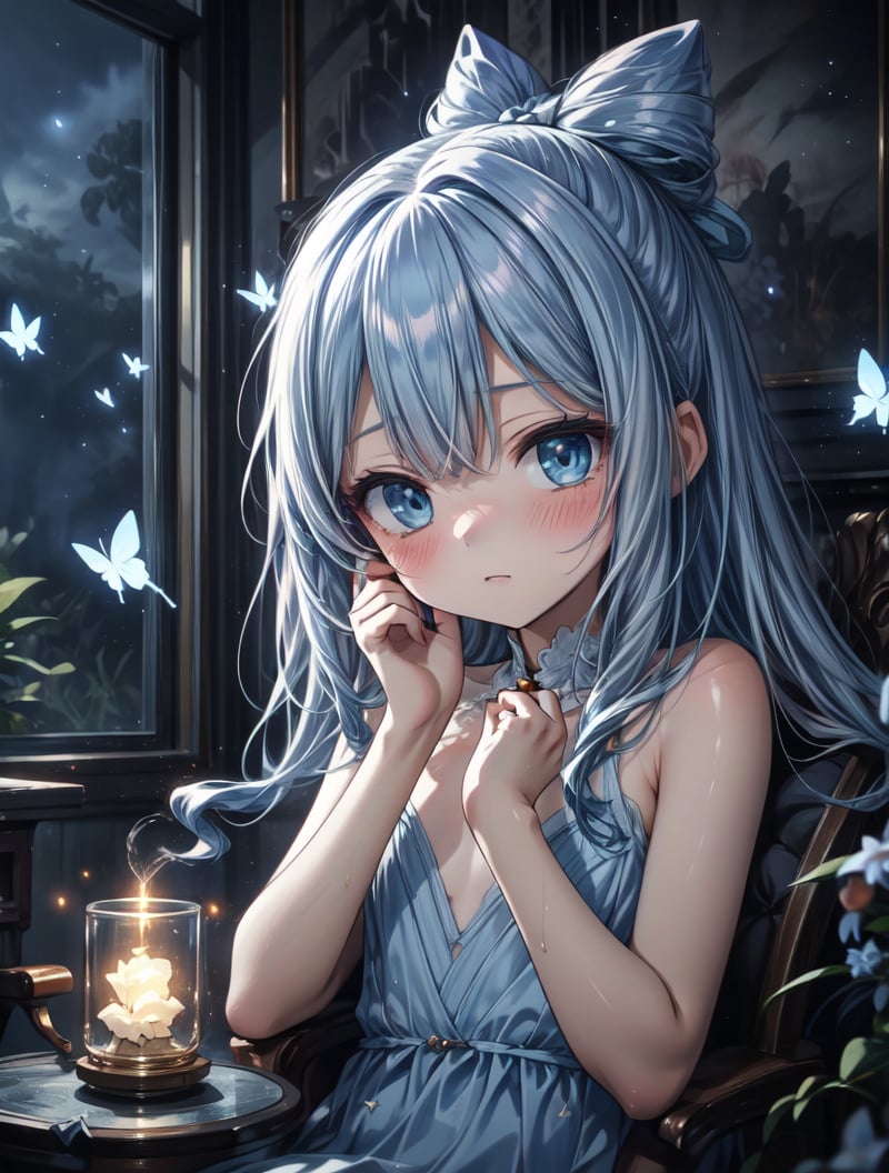 masterpiece, best quality, extremely detailed, (illustration, official art:1.1), 1 girl ,(((( light blue long hair)))), ,(((( light blue long hair)))),light blue hair, long hair ((blush)) , cute face, big eyes, masterpiece, best quality,(((((a very delicate and beautiful girl,))))),Amazing,beautiful detailed eyes,blunt bangs、((((little delicate girl)))),tareme(true beautiful:1.2), sense of depth,dynamic angle, ,Baby Face,flat chest,masterpiece, best quality,high resolution, 1 female, aldult, long hair. look_exist_audience, High, perfect stexisture, long time, Bangs, chromexistic dispersion, transparent_plastic, Polychromexistic prism effect, iris/Opalescence, glowing color, aluminum foil, glowing atmosphere,, moonlight, There are stars in the eyes, butterfly style, iris, Liuli, Polychromexistic prism effect, Rainbow core, iris/Opalescence, glowing atmosphere, Very beautiful dress,chibi