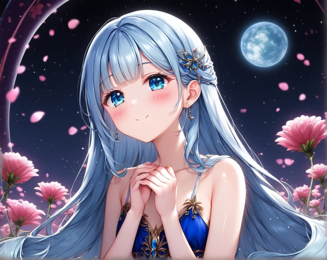 masterpiece, best quality, extremely detailed, (illustration, official art:1.1), 1 girl ,(((( light blue long hair)))), ,(((( light blue long hair)))),light blue hair, , long hair ((blush)) , cute face, big eyes, masterpiece, best quality,(((((a very delicate and beautiful girl))))),Amazing,beautiful detailed eyes,blunt bangs((((little delicate girl)))),tareme(true beautiful:1.2), sense of depth,dynamic angle,,,, affectionate smile, (true beautiful:1.2),,(tiny 1girl model:1.2),)(flat chest) ,A breathtaking scene unfolds as the moonlight casts a luminous glow on a deserted beach, painting the sky with a tapestry of twinkling stars. At the center of this ethereal moment, A young woman with long hair cascades sits in deep meditation. Its tranquil presence evokes a sense of inner peace and serenity amidst the vastness of the empty coast. The girl's silhouette stands out against the backdrop of darkness, his serene expression bathed in soft moonlight. Long pink tentacles of cascade down the back, intertwined with the gentle sea breeze that caresses his face. Your closed eyes indicate a deep connection to the universe, as if his own thoughts harmonized with the whispers of the ocean waves.((big moon )))