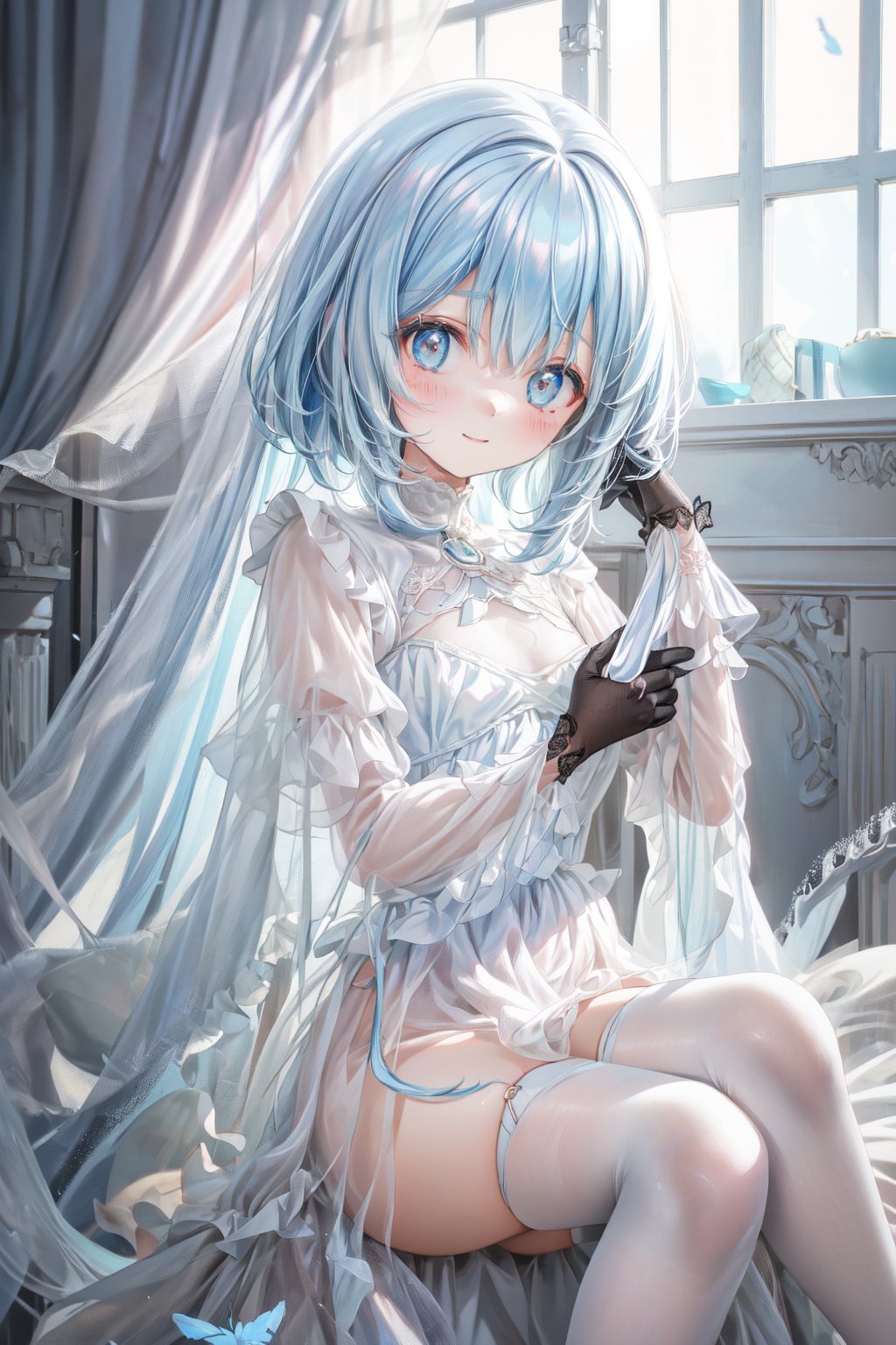 (illustration, official art:1.1), 1 girl ,(((( light blue hair)))), ,(((( light blue long hair)))),light blue hair, ,((blush)) , cute face, big eyes, masterpiece, best quality,(((((a very delicate and beautiful girl))))),Amazing,beautiful detailed eyes,blunt bangs((((little delicate girl)))),(((tareme))),droopy eyes.(true beautiful:1.2), sense of depth,dynamic angle,,,, affectionate smile, (true beautiful:1.2),,(tiny 1girl model:1.2),girl,Ten years old、(Absurd, High resolution, Super detailed), One girl, alone, Highly detailed eyes, (Official Art, beauty and aesthetics: 1.2), (Fractal Art: 1.3), Pastel color scheme, Most detailed,Spread your hands
