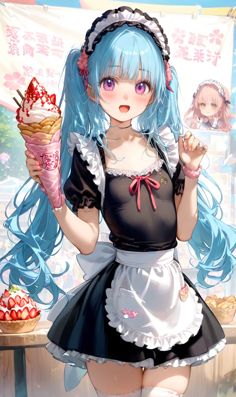 masterpiece, best quality, extremely detailed, (illustration, official art: 1.1), 1 girl, (((light blue long hair))), ((blush)), cute face, big Eyes, masterpiece, best quality, (((a very delicate and beautiful girl))))), amazing, beautiful detailed eyes, blunt bangs ((((little delicate girl))), ((tareme))), droopy eyes. (true beautiful: 1.2), sense of depth, affectionate smile, (true beautiful: 1.2), (tiny 1girl model: 1.2), (flat chest),pop art,,from side,Super hyper Miracle delicious cream crepe,take cream,,(((strawberry crepe))),Twinkle eyes widen,open mouth widen,oral cavity,dripping cream、white shoulder bag, maid, apron, garter ring,medium skirt, high-thigh socks, headdress, twin tails, frill, ribbon, hair scrunchie, downtown, look at viewer,classroom,White lace shirt,Food stalls, cultural festivals,signboard,Graffiti board
