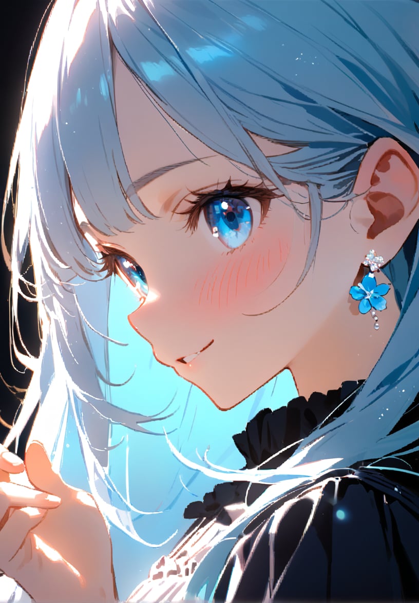 masterpiece, best quality, extremely detailed, (illustration, official art:1.1), 1 girl ,(((( light blue long hair)))), ,(((( light blue long hair)))),light blue hair, , long hair ((blush)) , cute face, big eyes, masterpiece, best quality,(((((a very delicate and beautiful girl))))),Amazing,beautiful detailed eyes,blunt bangs((((little delicate girl)))),tareme(true beautiful:1.2), sense of depth,dynamic angle,,,, affectionate smile, (true beautiful:1.2),,(tiny 1girl model:1.2),)(flat chest) ,(Girl with a pearl earring), 1 girl, solo, shine blue eyes, blue and yellow flower, Dark  dress, portrait, black background, Cinematic lighting, Chiaroscuro, Rembrandt portrait, The light and darkness of intense light and shadow, Overall dark brown and dull shades, dynamic lighting,,,((big flower earrings,Gypsophila)) 