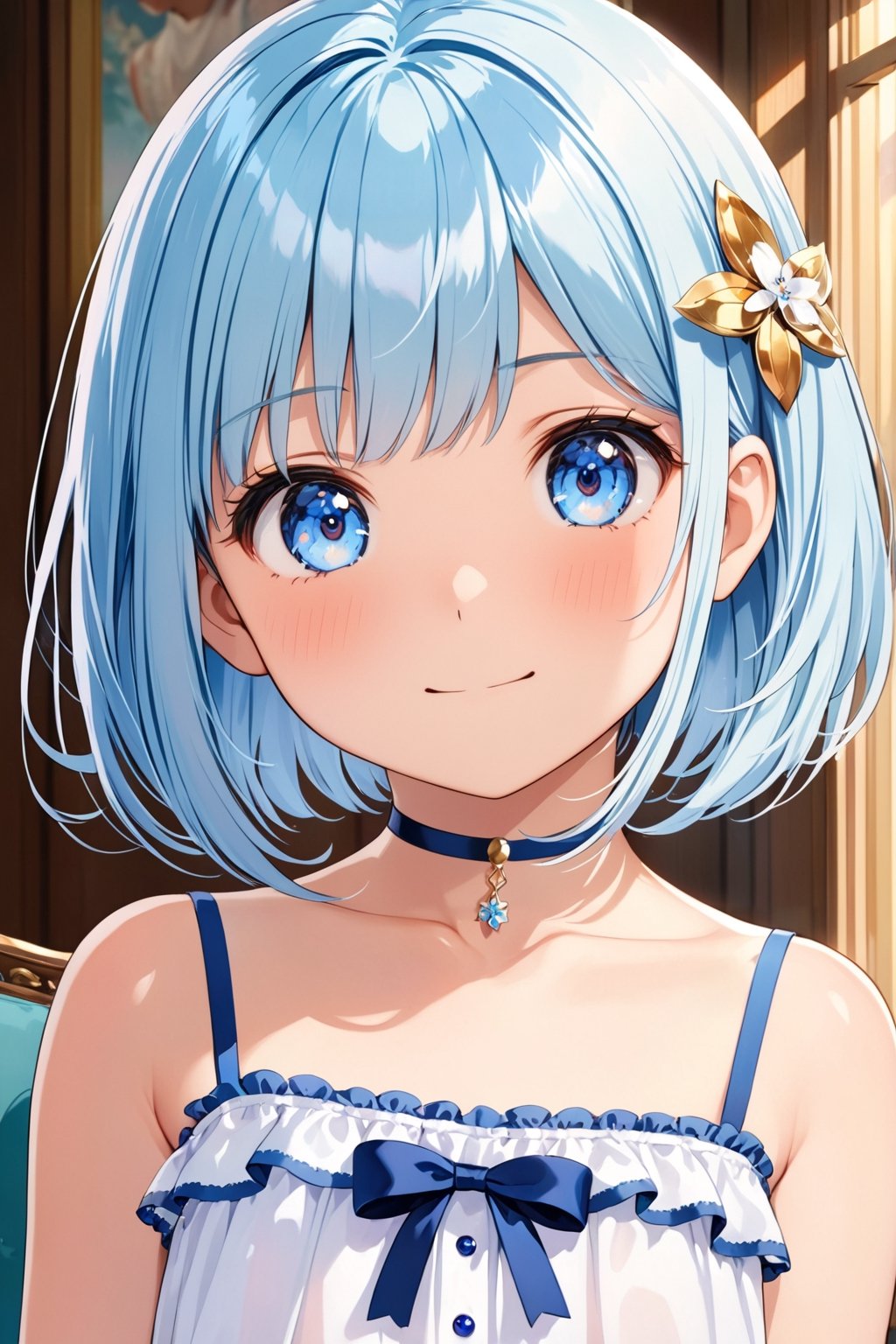 Masterpiece, best quality, extremely detailed, (illustration, official art: 1.1), 1 girl, ((light blue hair))), light blue hair, 10 years old,  ((blush)), cute face, big eyes, masterpiece, best quality, ((a very delicate and beautiful girl)))), amazing, beautiful detailed eyes, blunt bangs (((little delicate girl)))), tareme (true beautiful: 1.2),Official art、Top quality ultra-detailed CG art、a beauty girl：１.２）、lightblue hair、Glossy hair、smooth hair、large blue eyes、kawaii、bob cuts、Pink choker,ssmile、simple,camisole, (licking candy:1.2), ,Tongue out