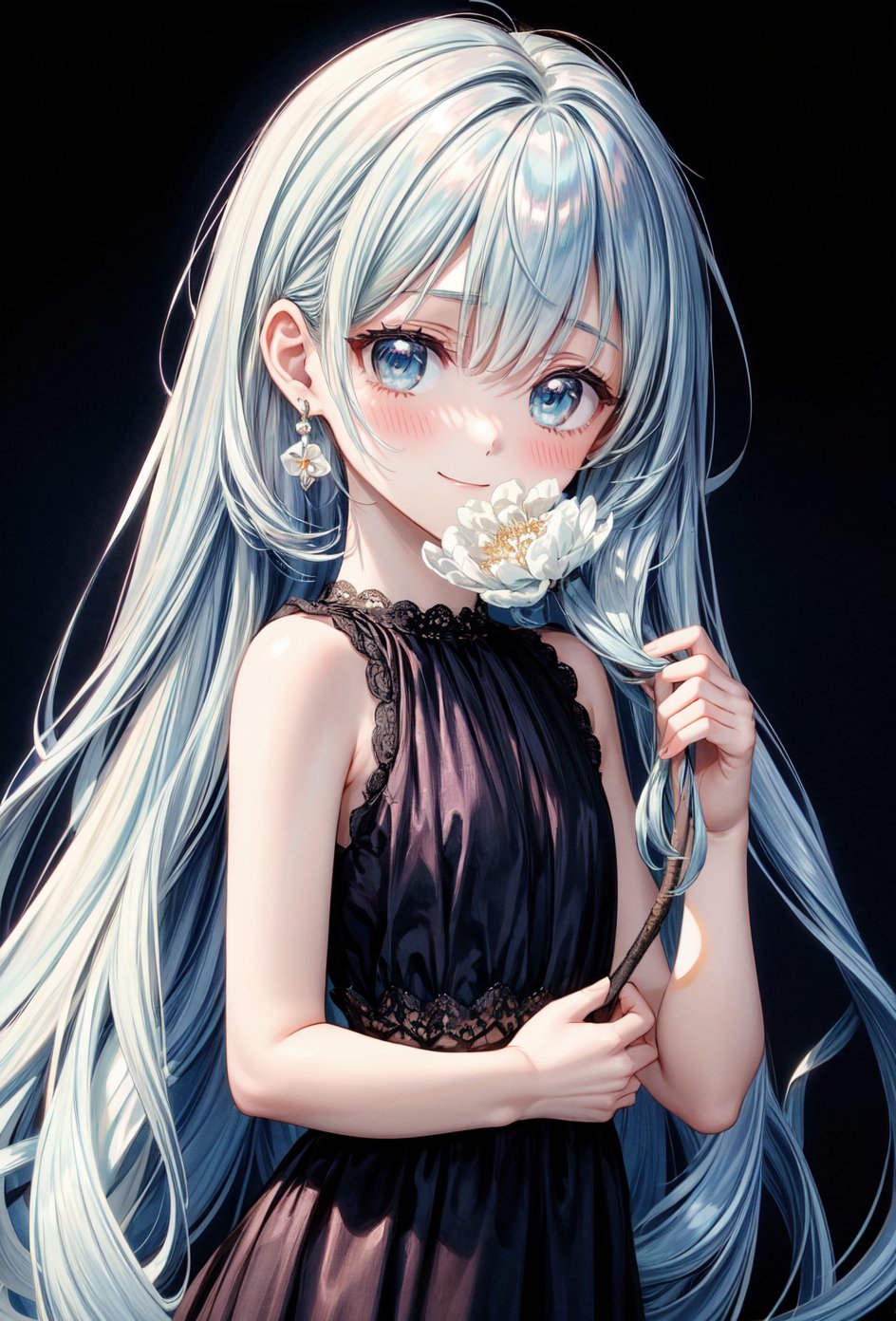 masterpiece, best quality, extremely detailed, (illustration, official art:1.1), 1 girl ,(((( light blue long hair)))), ,(((( light blue long hair)))),light blue hair, , long hair ((blush)) , cute face, big eyes, masterpiece, best quality,(((((a very delicate and beautiful girl))))),Amazing,beautiful detailed eyes,blunt bangs((((little delicate girl)))),tareme(true beautiful:1.2), sense of depth,dynamic angle,,,, affectionate smile, (true beautiful:1.2),,(tiny 1girl model:1.2),)(flat chest) ,(Girl with a pearl earring), 1 girl, solo, shine blue eyes, blue and yellow flower, Dark  dress, portrait, black background, Cinematic lighting, Chiaroscuro, Rembrandt portrait, The light and darkness of intense light and shadow, Overall dark brown and dull shades, dynamic lighting,,,((big flower earrings,Gypsophila)) 