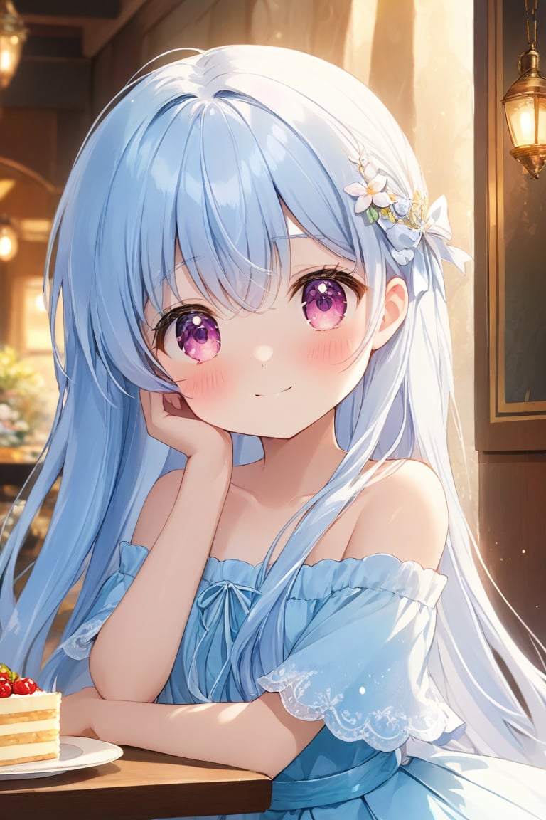 masterpiece, best quality, extremely detailed, (illustration, official art:1.1), 1 girl ,(((( light blue long hair)))), ,(((( light blue long hair)))),light blue hair , , long hair ((blush)) , cute face, big eyes, masterpiece, best quality,(((((a very delicate and beautiful girl))))),Amazing,beautiful detailed eyes,blunt bangs(((( little delicate girl)))),tareme(true beautiful:1.2), sense of depth,dynamic angle,,,, affectionate smile, (true beautiful:1.2),,(tiny 1girl model:1.2),)(flat chest) ,masterpiece, absurdres, best quality, ultra detailed, high Resolution, detailed illustration, extremely beautiful detailed face and eyes, bright colour, 1girl, cute face, Delicate beautiful face, magenta eyes, cute eyes, sparkling eyes, big eyes,smile, BREAK,BREAK off shoulder sweater, long skirt, tiny ribbon, restaurant, eating Nut tart, almond, real world, natural lights, perfect lighting,
Sparkling、happy girl