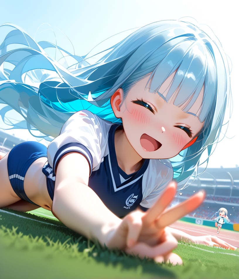 masterpiece, best quality, extremely detailed, (illustration, official art:1.1), 1 girl ,(((( light blue long hair)))), ,(((( light blue long hair)))),light blue hair, , long hair ((blush)) , cute face, masterpiece, best quality,(((((a very delicate and beautiful girl))))),Amazing,beautiful detailed eyes,blunt bangs((((little delicate girl)))),(((tareme))),droopy eyes.(true beautiful:1.2), sense of depth,dynamic angle,,,, affectionate smile, (true beautiful:1.2),,(tiny 1girl model:1.2),)(flat chest), (masterpiece, best quality), (chibi:1.5), from below, 1girl, lying, on stomach, (reaching out:1.4), open hands, face on floor, arched back, open mouth,
frown, wavy mouth, (motion lines:1.2), motion blur, trembling, falling down,
closed eyes, (tareme:1.3), 

BREAK (white shirt:1.2), short sleeves, crop top, (abs, navel:1.2)
BREAK (blue buruma:1.3), short sleeves school gym uniform, sneakers,,(track and field),((blue buruma)),(socks,shoes),(track),(athletic field), masterpiece, high quality, highly detailed,(full body shot:1.2), 