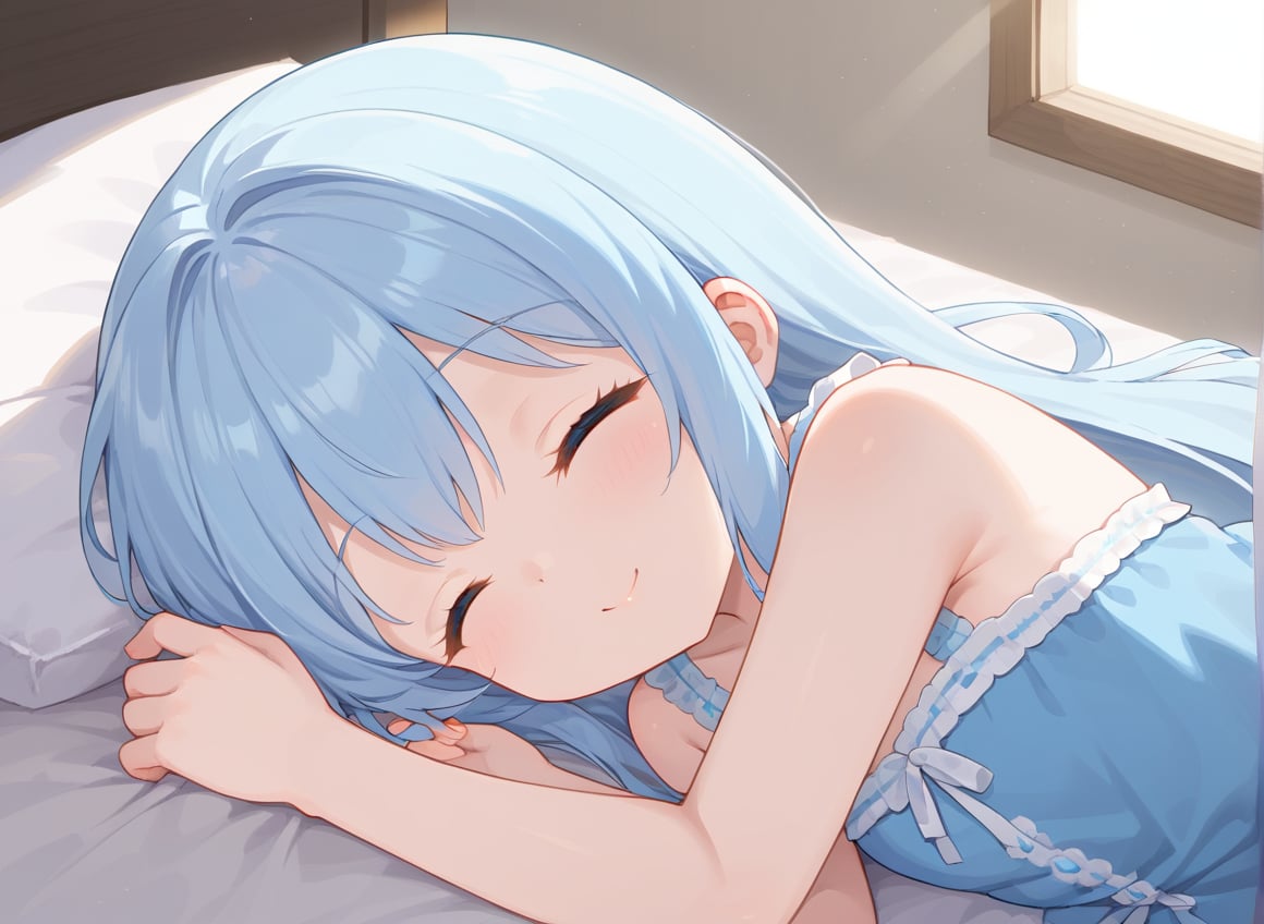 (((( light blue long hair)))),((((little delicate girl)))), 1 girl ,tiny 1girl ,young, 1girl, solo beautiful , sleeping , happy, peaceful, dutch angle, sunlight, windows, shadows masterpiece, best quality, high quality,
