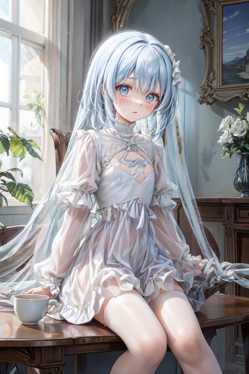 masterpiece, best quality, extremely detailed, (illustration, official art:1.1),,(((( light blue long hair)))),,((blush)) , cute face, masterpiece, best quality,(((((a very delicate and beautiful girl))))),Amazing,beautiful detailed eyes,blunt bangs((((little delicate girl)))),(((tareme))),droopy eyes.(true beautiful:1.2), sense of depth,dynamic angle,,,, (true beautiful:1.2),,(tiny 1girl model:1.2),)(flat chest),(masterpiece:1.2), best quality,PIXIV,flot, 1girl, solo, sitting, long hair, flower, chair, food, pink flower, cup, holding, long sleeves, pink skirt, rose, skirt, jacket, table, rose, indoors, blush, bangs, plant, holding cup, yellow jacket, profile, coat, long skirt, vase、looking away,tears