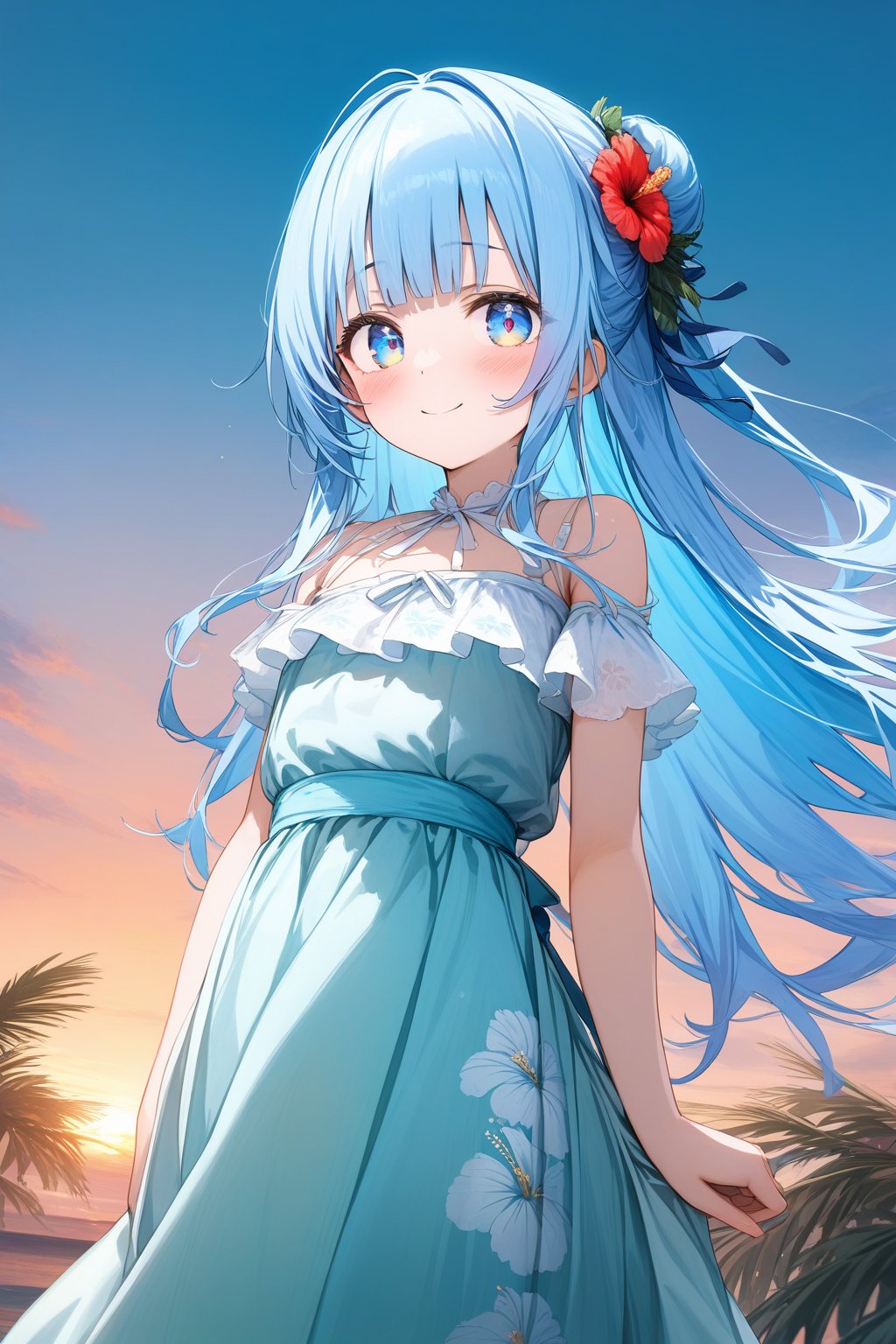 masterpiece, best quality, extremely detailed, (illustration, official art:1.1), 1 girl ,(((( light blue long hair)))), ,(((( light blue long hair)))),light blue hair, , long hair ((blush)) , cute face, big eyes, masterpiece, best quality,(((((a very delicate and beautiful girl))))),Amazing,beautiful detailed eyes,blunt bangs((((little delicate girl)))),(((tareme))),droopy eyes.(true beautiful:1.2), sense of depth,dynamic angle,,,, affectionate smile, (true beautiful:1.2),,(tiny 1girl model:1.2),)(flat chest), masterpiece, best quality, high quality, extremely detailed, very delicate and beautiful, , (light blue long hair up to waist with two side up:1.5), bangs to eyebrows, eyes (eyes sharp and strong with glossy glossy eyes, eyebrows glossy,  6.5 head height, (long dress with hibiscus print:1.3), (standing), (smiling), (dynamic pose), (background tropical and hibiscus:1.3), (sunset:1.3)
