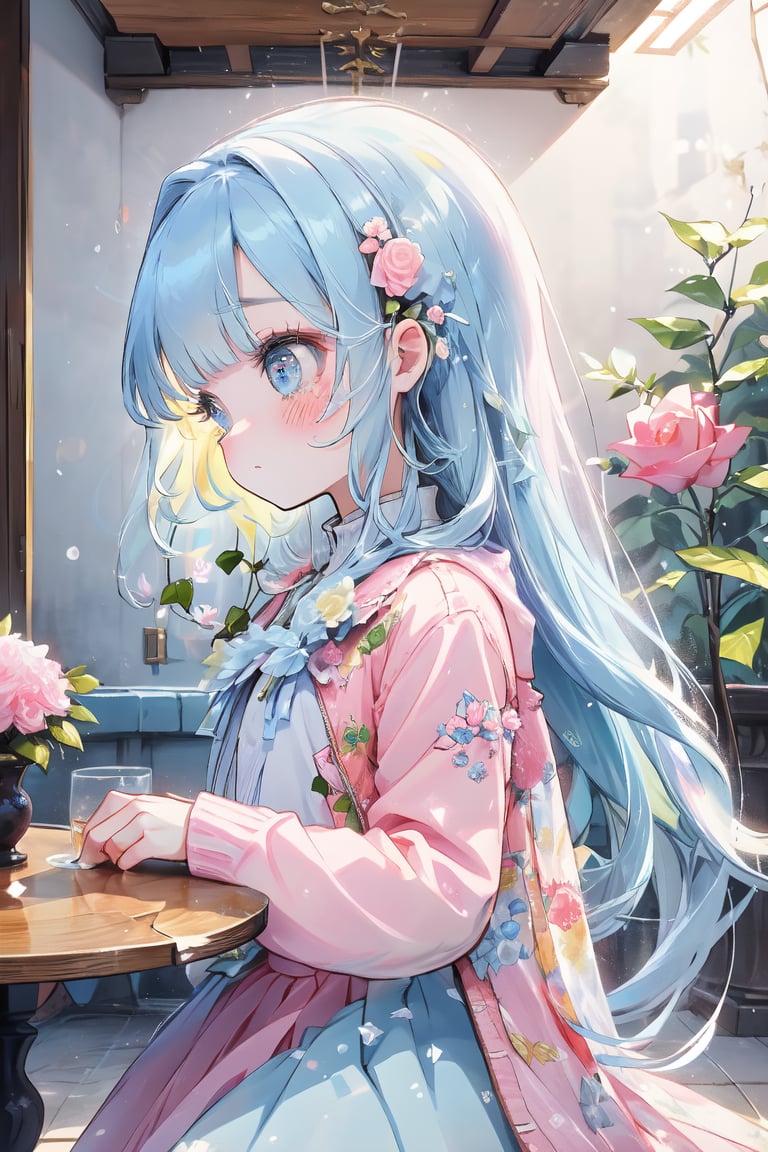 masterpiece, best quality, extremely detailed, (illustration, official art:1.1),,(((( light blue long hair)))),,((blush)) , cute face, masterpiece, best quality,(((((a very delicate and beautiful girl))))),Amazing,beautiful detailed eyes,blunt bangs((((little delicate girl)))),(((tareme))),droopy eyes.(true beautiful:1.2), sense of depth,dynamic angle,,,, (true beautiful:1.2),,(tiny 1girl model:1.2),)(flat chest),(masterpiece:1.2), best quality,PIXIV,flot, 1girl, solo, sitting, long hair, flower, chair, food, pink flower, cup, holding, long sleeves, pink skirt, rose, skirt, jacket, table, rose, indoors, blush, bangs, plant, holding cup, jacket, profile, coat, long skirt, vase、looking away,tears,wide shot