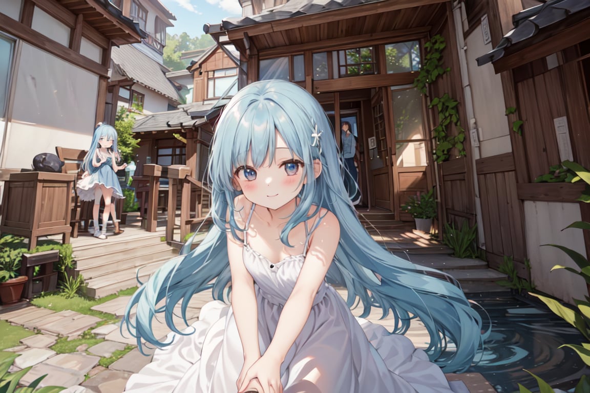 masterpiece, best quality, extremely detailed, (illustration, official art:1.1), 1 girl ,(((( light blue long hair)))), ,(((( light blue long hair)))),light blue hair, , long hair ((blush)) , cute face, masterpiece, best quality,(((((a very delicate and beautiful girl))))),Amazing,beautiful detailed eyes,blunt bangs((((little delicate girl)))),(((tareme))),droopy eyes.(true beautiful:1.2), sense of depth,dynamic angle,,,, affectionate smile, (true beautiful:1.2),,(tiny 1girl model:1.2),)(flat chest),smile、(4 year old child２people)、Holding hands and taking a walk、, proudly showing her their luxurious, modern home. The home is elegant and sophisticated, seamlessly blending with the surrounding lush greenery. The scene exudes a warm, aesthetic vibe, with soft, inviting colors and gentle lines, capturing the love and pride in the young girl eyes as he presents their stunning residence to his mother. The house features sleek architecture, large windows, and stylish design elements, ensuring a contemporary and luxurious feel. The overall atmosphere is serene and enchanting, evoking a sense of beauty, tranquility, and modern opulence.a family of 3 posing in front of a house、full body、Long skirt
