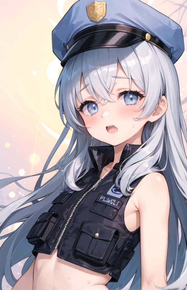 Masterpiece, best quality, extremely detailed, (illustration, official art: 1.1), ((((1 girl)))), ((light blue long hair))), light blue hair, petite , ((blush)), cute face, big eyes, tareme, masterpiece, best quality, (a very delicate and beautiful girl)))),(baby face:1.55), (((flat chest))) ,amazing, beautiful detailed eyes, blunt bangs (((little delicate girl)))), tareme (true beautiful: 1.2), ,、、、 Longhaire, Blush, shy, Sweat: 1.2, ,1girl,,(messy hair:1.2) ,(shiny white skin),flat chest,toddler,dot nose, petite, , , open mouth, _policewoman,TOROGAO,gem,1 girl,