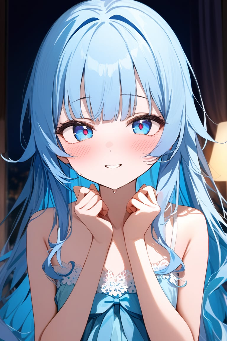 masterpiece, best quality, extremely detailed, (illustration, official art:1.1), 1 girl ,(((( light blue long hair)))), ,(((( light blue long hair)))),light blue hair, , long hair ((blush)) , cute face, big eyes, masterpiece, best quality,(((((a very delicate and beautiful girl))))),Amazing,beautiful detailed eyes,blunt bangs((((little delicate girl)))),tareme(true beautiful:1.2), sense of depth,dynamic angle,,,, affectionate smile, (true beautiful:1.2),,(tiny 1girl model:1.2),)(flat chest) ,. cbt,(masterpiece, best quality:1.2),1 beautiful girl,sexy,comic storyboard:2, yandere, axially symmetrical:2, ,sounding,cbt,hold,,colorful,,,spray, Long hair,Lace top,torogao,kiss
