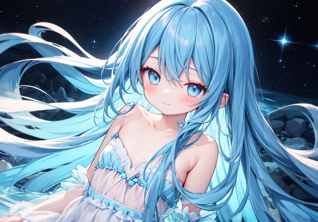 masterpiece, best quality, extremely detailed, (illustration, official art:1.1), 1 girl ,(((( light blue long hair)))), ,(((( light blue long hair)))),light blue hair, , long hair ((blush)) , cute face, big eyes, masterpiece, best quality,(((((a very delicate and beautiful girl))))),Amazing,beautiful detailed eyes,blunt bangs((((little delicate girl)))),tareme(true beautiful:1.2), sense of depth,dynamic angle,,,, affectionate smile, (true beautiful:1.2),,(tiny 1girl model:1.2),)(flat chest) ,A breathtaking scene unfolds as the moonlight casts a luminous glow on a deserted beach, painting the sky with a tapestry of twinkling stars. At the center of this ethereal moment, A young woman with long hair cascades sits in deep meditation. Its tranquil presence evokes a sense of inner peace and serenity amidst the vastness of the empty coast.

The girl's silhouette stands out against the backdrop of darkness, his serene expression bathed in soft moonlight. Long tentacles of hair cascade down the back, intertwined with the gentle sea breeze that caresses his face. Your closed eyes indicate a deep connection to the universe, as if his own thoughts harmonized with the whispers of the ocean waves.