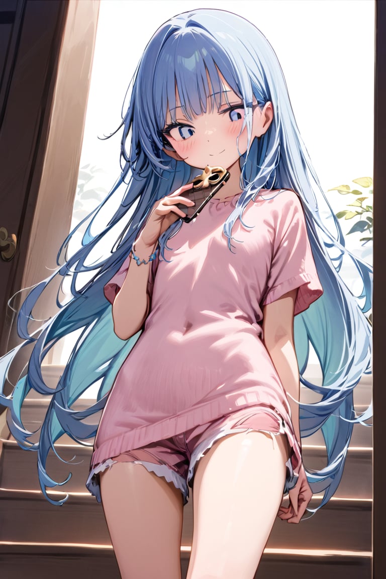 ,masterpiece, best quality, extremely detailed, (illustration, official art:1.1), 1 girl ,(((( light blue long hair)))), ,, long hair ((blush)) , cute face, big eyes, masterpiece, best quality,(((((a very delicate and beautiful girl))))),Amazing,beautiful detailed eyes,blunt bangs,(((( delicate girl)))), sense of depth,dynamic angle,,,, smile, (beautiful:1.2),(flat chest) ,She has blue eyes . She is wearing ripped shorts and a pink Jersey. She is standing on the stairs holding her phone . She is looking down on her phone. She is wearing white boots . She has a Gucci bag. (foot focus) (,Platform sneakers), beautiful and perfect legs,
