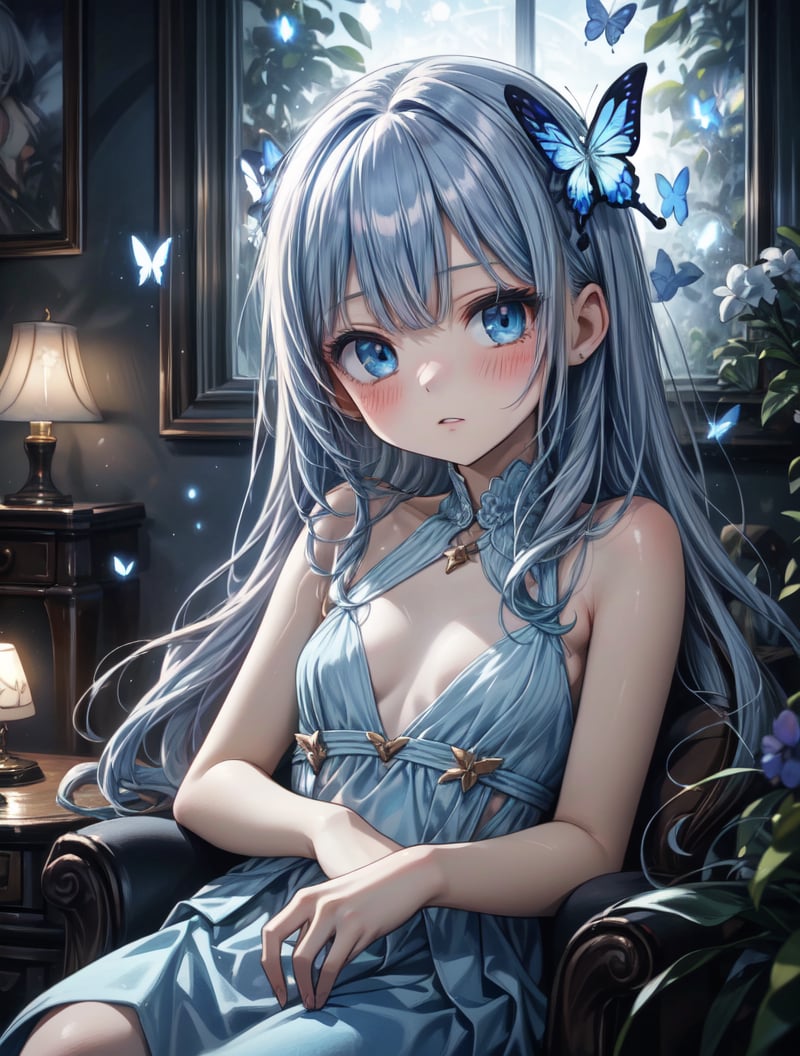 masterpiece, best quality, extremely detailed, (illustration, official art:1.1), 1 girl ,(((( light blue long hair)))), ,(((( light blue long hair)))),light blue hair, long hair ((blush)) , cute face, big eyes, masterpiece, best quality,(((((a very delicate and beautiful girl,))))),Amazing,beautiful detailed eyes,blunt bangs、((((little delicate girl)))),tareme(true beautiful:1.2), sense of depth,dynamic angle, ,Baby Face,flat chest,masterpiece, best quality,high resolution, 1 female, aldult, long hair. look_exist_audience, High, perfect stexisture, long time, Bangs, chromexistic dispersion, transparent_plastic, Polychromexistic prism effect, iris/Opalescence, glowing color, aluminum foil, glowing atmosphere,, moonlight, There are stars in the eyes, butterfly style, iris, Liuli, Polychromexistic prism effect, Rainbow core, iris/Opalescence, glowing atmosphere, Very beautiful dress,chibi