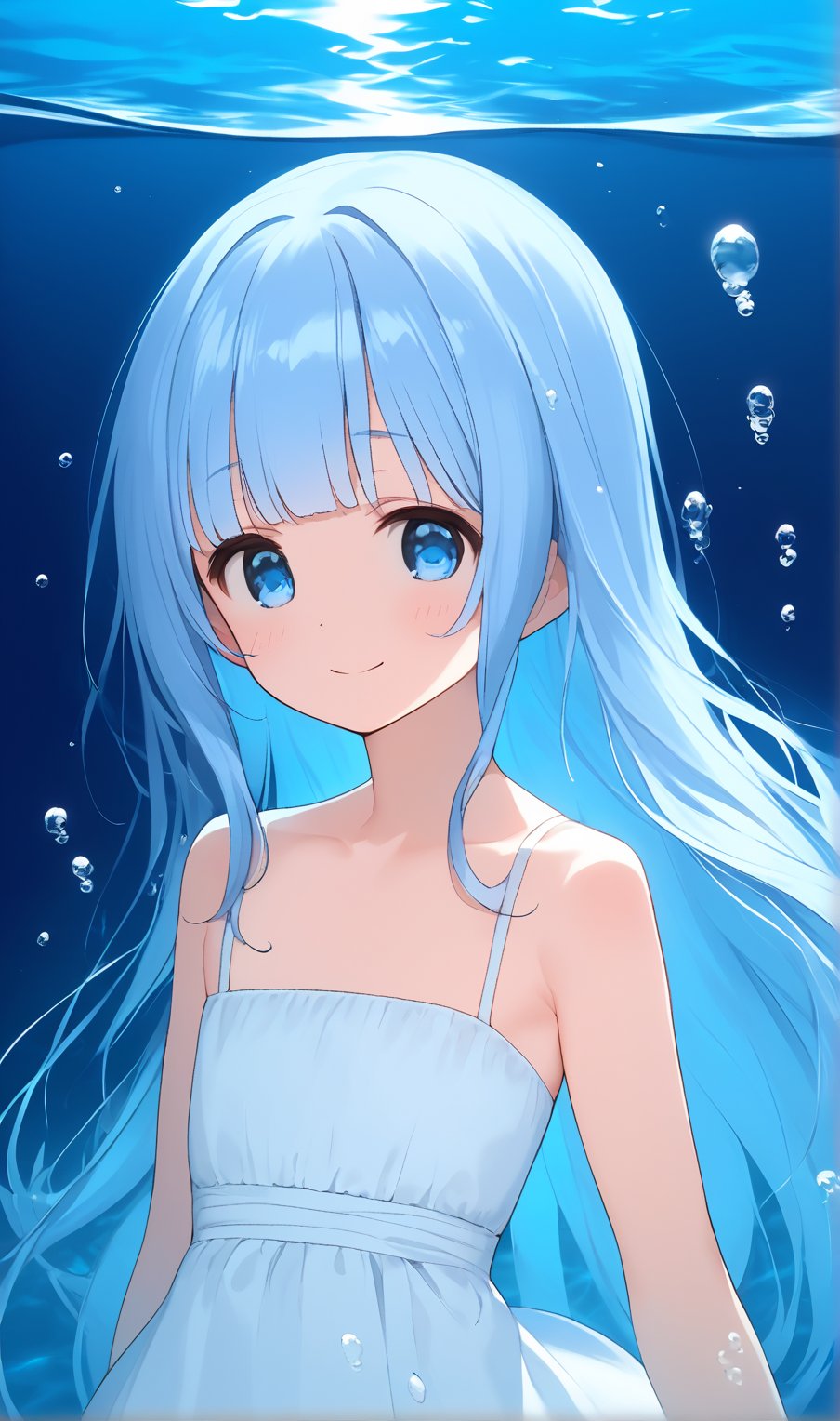 (illustration, official art:1.1), 1 girl ,((( light blue hair)))), , ((iridescent hair, half blue and half Purple hair: 1.2)),,((( light blue long hair )))),light blue hair, ,((blush)) , cute face, big eyes, masterpiece, best quality,(((((a very delicate and beautiful girl))))),Amazing,beautiful detailed eyes, blunt bangs((((little delicate girl)))),(((tareme))),droopy eyes.(true beautiful:1.2), sense of depth,dynamic angle,,,, affectionate smile, (true beautiful:1.2 ),,(tiny 1girl model:1.2),)(flat chest),(muste piece), (best quality), very detailed, 1 girl, perfect face, (solo full body shot:1.3), very detailed face,,(blue eyes:1.4), (in water:1.4), (white dress:1.5), Ocean, coral reef, School of small fish, light, bubble, jellyfish, Ocean algae, (Deep Ocean:1.4), fantasy, Ocean bottom, float
