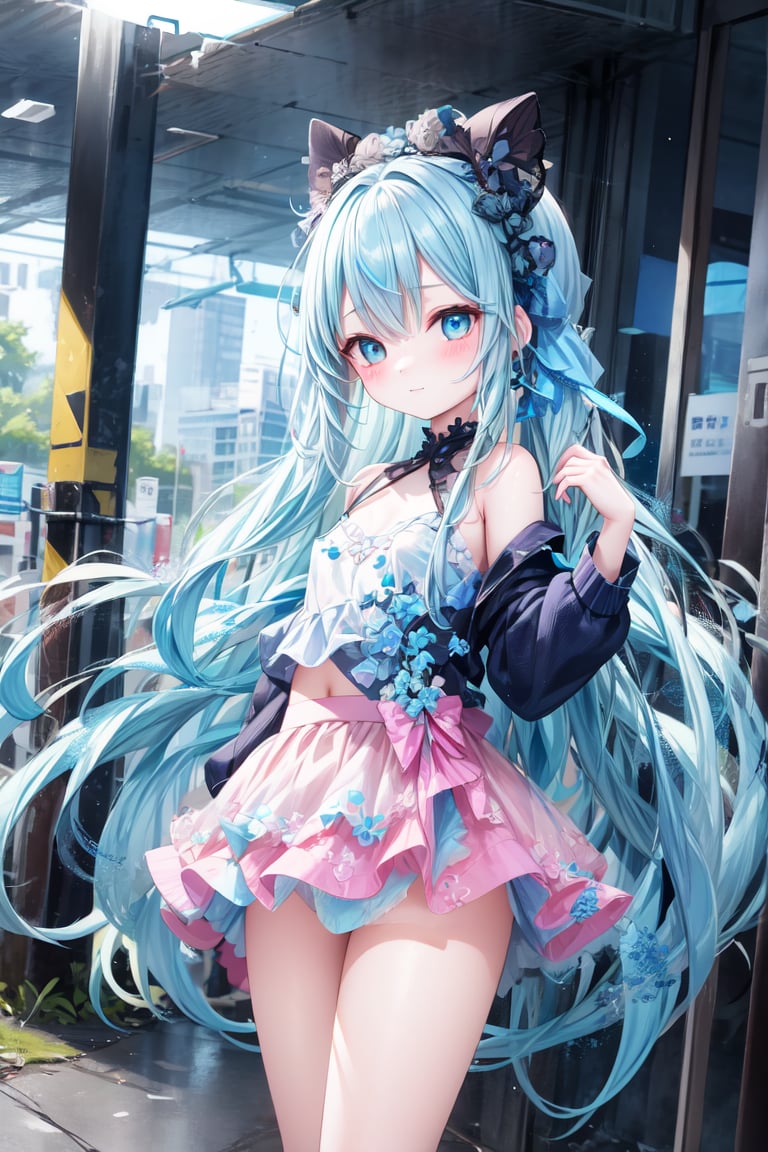 masterpiece, best quality, extremely detailed, (illustration, official art:1.1), 1 girl ,(((( light blue long hair)))), ,(((( light blue long hair)))),light blue hair, , long hair ((blush)) , cute face, big eyes, masterpiece, best quality,(((((a very delicate and beautiful girl))))),Amazing,beautiful detailed eyes,blunt bangs((((little delicate girl)))),(((tareme))),droopy eyes.(true beautiful:1.2), sense of depth,dynamic angle,,,, affectionate smile, (true beautiful:1.2),,(tiny 1girl model:1.2),)(flat chest), (masuter piece、top-quality)、(Live action、Intricate details)、(1lady、独奏、The upper part of the body、) garments: Edgy、Black jumper、Pink mini skirt、Avant-garde、、Dramatic makeup、Unconventional fashion choices behavior: Rebel、Runaway Ladies Leader、secretary-general、Black jumper、Pink mini skirt、Anti-system、Provocative Location: urban art district、Underground Music Scene Hobbies: Bad girl、Create mixed media art、Experiment with different subcultures values: individuality、authenticity、Creative Expression Inspiration: Runaway Ladies Leader、secretary-general、Counterculture icons、Nature: boldness、Unconventional。
