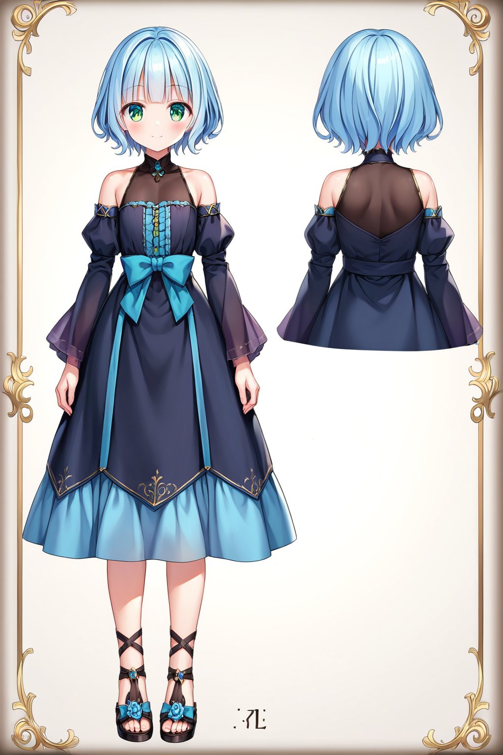 masterpiece, best quality, extremely detailed, (illustration, official art:1.1), 1 girl ,(((( light blue hair)))), ,(((( light blue hair)))),light blue hair, ,((blush)) , cute face, big eyes, masterpiece, best quality,(((((a very delicate and beautiful girl))))),Amazing,beautiful detailed eyes,blunt bangs((((little delicate girl)))),(((tareme))),droopy eyes.(true beautiful:1.2), sense of depth,dynamic angle,,,, affectionate smile, (true beautiful:1.2),,(tiny 1girl model:1.2),)(flat chest),(masterpiece), (best quality), sharp focuse, (character design sheet, same character, profile side, back, close up), illustration, (detailed hair, detailed face, detailed features structure), ((1 woman, solo)), perfect feminine face, pose zitai, detailed design character, , shoulders length hair, ((green eyes, beautiful shapes of eyes)), black turtleneck outfit, (simple background, white background: 1.3)
、(character design sheet, same character, front, side, back),score_9,score_8_up,score_7_up,score_6_up,score_5_up, ,, highres,8k,official art, pale skin, shiny skin, full body, character chart,(((personification))),  Various hairstyle samples, (((short hair)))、full body