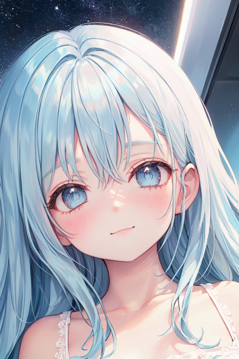 masterpiece, best quality, extremely detailed, (illustration, official art:1.1), 1 girl ,(((( light blue long hair)))), ,(((( light blue long hair)))),light blue hair, , long hair ((blush)) , cute face, big eyes, masterpiece, best quality,(((((a very delicate and beautiful girl))))),Amazing,beautiful detailed eyes,blunt bangs((((little delicate girl)))),tareme(true beautiful:1.2), sense of depth,dynamic angle,,,, affectionate smile, (true beautiful:1.2),,(tiny 1girl model:1.2),)(flat chest) ,Describe a scene where a cute girl character is lying on a grassy hill, Looking up at the starry sky. Surround her with colorful nebulae and her favorite constellations., pastel tone, fluffy style, cute pose