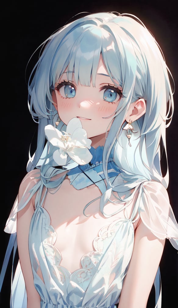 masterpiece, best quality, extremely detailed, (illustration, official art:1.1), 1 girl ,(((( light blue long hair)))), ,(((( light blue long hair)))),light blue hair, , long hair ((blush)) , cute face, big eyes, masterpiece, best quality,(((((a very delicate and beautiful girl))))),Amazing,beautiful detailed eyes,blunt bangs((((little delicate girl)))),tareme(true beautiful:1.2), sense of depth,dynamic angle,,,, affectionate smile, (true beautiful:1.2),,(tiny 1girl model:1.2),)(flat chest) ,(Girl with a flower  earring), 1 girl, solo, shine blue eyes, blue and yellow flower, Dark  dress, portrait, black background, Cinematic lighting, Chiaroscuro, Rembrandt portrait, The light and darkness of intense light and shadow, Overall dark brown and dull shades, dynamic lighting,,,((big flower earrings,Gypsophila)) 