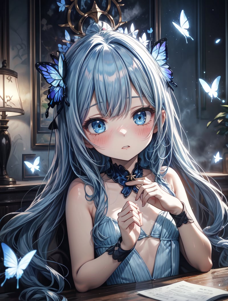 masterpiece, best quality, extremely detailed, (illustration, official art:1.1), 1 girl ,(((( light blue long hair)))), ,(((( light blue long hair)))),light blue hair, long hair ((blush)) , cute face, big eyes, masterpiece, best quality,(((((a very delicate and beautiful girl,))))),Amazing,beautiful detailed eyes,blunt bangs、((((little delicate girl)))),tareme(true beautiful:1.2), sense of depth,dynamic angle, ,Baby Face,flat chest,masterpiece, best quality,high resolution, 1 female, aldult, long hair. look_exist_audience, High, perfect stexisture, long time, Bangs, chromexistic dispersion, transparent_plastic, Polychromexistic prism effect, iris/Opalescence, glowing color, aluminum foil, glowing atmosphere,, moonlight, There are stars in the eyes, butterfly style, iris, Liuli, Polychromexistic prism effect, Rainbow core, iris/Opalescence, glowing atmosphere, Very beautiful dress,chibi