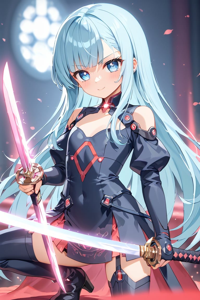 masterpiece, best quality, extremely detailed, (illustration, official art:1.1), 1 girl ,(((( light blue long hair)))), ,(((( light blue long hair)))),light blue hair, , long hair ((blush)) , cute face, big eyes, masterpiece, best quality,(((((a very delicate and beautiful girl))))),Amazing,beautiful detailed eyes,blunt bangs((((little delicate girl)))),tareme(true beautiful:1.2), sense of depth,dynamic angle,,,, affectionate smile, (true beautiful:1.2),,(tiny 1girl model:1.2),)(flat chest) ,flat color,2d,super fine illustration,{{{amazing quality}}},{{{{{ai-generated}}}},beautiful artwork style,masterpiece,best quality,very aesthetic,{{{{ultra detaile}}}},absurdres, low twintails, narrowed eyes, , holding sword,sheath on back,Aggressive movement,intense movement,loli,very serious, during the battle,full of speed, navel,{{{{{{dynamic angle}}}}}},,{{{{{ see-through Niqab}}}}},glowing eyes, squatting, ,howl, bio lab, cyberpunk, meck hand, meck eyes,, holding katana, , {{{fighting stance}}}, , black shirt, black skirt, lace-up boots, wielding a sword, hand up,