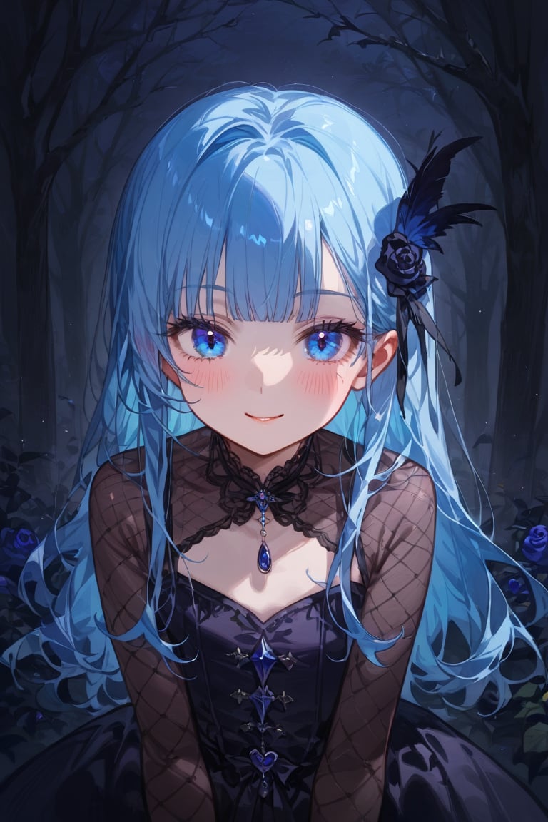 masterpiece, best quality, extremely detailed, (illustration, official art:1.1), 1 girl ,(((( light blue long hair)))), ,(((( light blue long hair)))),light blue hair, , long hair ((blush)) , cute face, big eyes, masterpiece, best quality,(((((a very delicate and beautiful girl))))),Amazing,beautiful detailed eyes,blunt bangs((((little delicate girl)))),tareme(true beautiful:1.2), sense of depth,dynamic angle,,,(((tareme))), affectionate smile, (true beautiful:1.2),,(tiny 1girl model:1.2)(flat chest) 、（dark atmosphere,gothic fashion,bright colors）,（best quality,Super exquisite,）,Sexy goth Vampire girl,In the rose garden at night,Beautiful and delicate eyes,Straight black light blue long hair with blue tips,Crow feathers,red lipstick,mysterious smile,Pale complexion,fishnet stockings,black dress,Pointed-toe bootysterious aura,The moonlight illuminates her elegant silhouette,Soft shadows and soft highlights,Contrasting colors create a vibrant atmosphere,dark and moody color palette,Subtle yet dramatic lighting effects,Sublime darkness intertwined with exquisite moonlight, She's tall and mature, red tone, beatiful pretty face
