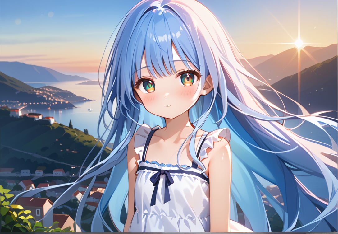 ((masterpiece, best quality, extremely detailed, absurdres)),, masterpiece, best quality, extremely detailed, ((((((light blue long hair)))))), long hair cute anime faces,detailed light,parted lips,shiny、beautiful detailed face,,longhair、(((( light blue long hair)))),,10 years old, , 1girl, solo, flat chest, blush, bangs, caramel、Perfect beautiful woman,masterpiece, best quality, ,flat chest, (flat chest), ((super photo realistic)), (masterpiece), illustration, ultra detailed, absurdres, 8k, details down to the smallest detail, Reflection, light bokeh effect, ((look at viewer)),

a small harbor town by the Aegean Sea where the mountains meet the ocean. (The town has beautiful white walls that follow the slopes of the hills). (A girl stands on top of a hill, looking down at the town below:1.2). She is wearing a summer dress. In her view, ((a beautiful sunrise shines brightly)), A beautiful summer day,

BREAK (produces images with information than 40 million pixels with cinematic-like detailed textures shot on a Sony SLR),
