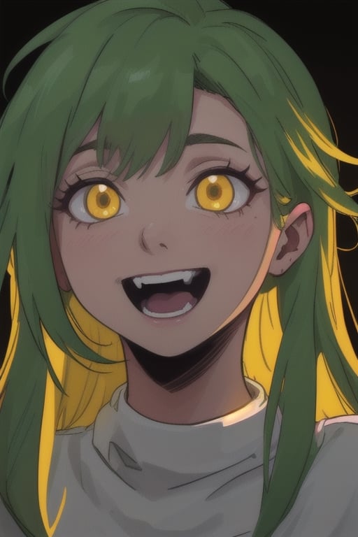 1girl, solo, long hair, looking at viewer, smile, open mouth, green eyes, yellow eyes, green hair, teeth, glowing, fangs, portrait, glowing eyes, crazy eyes, crazy smile