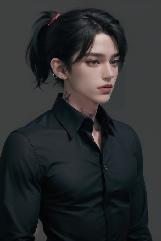 (masterpiece,best quality,ultra_detailed,highres,absurdres),1boy, male focus, solo, black hair, simple background, crimson eyes, upper body,((short length hair:1.4)), looking at viewer, parted lips, ((neck tattoo:1.3)),  (looking away:1.2)

((Black_colored_hair:1.4)), (ponytail hairstyle:1.2) , ((high ponytail:1.2))

(Black coloured and tight shirt:1.4) , (buttoned shirt:1.4) , wide_shoulder , (muscular biceps:1.3) , ((tight chest:1.3)) ,  ((long sleeved black coloured shirt:1.5)) ,

bright_eyes , 