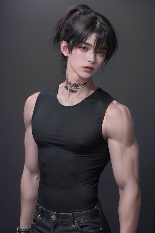 (masterpiece,best quality,ultra_detailed,highres,absurdres),1boy, male focus, solo, black hair, simple background, crimson eyes, upper body,((short length hair:1.4)), looking at viewer, parted lips, ((neck tattoo:1.3)), 

((Black_colored_hair:1.4)), ponytail_hairstyle , (single and high ponytail:1.5) ,(( hair_bangs:1.5)) ,

(black and tight closed sleeveless shirt:1.5), wide_shoulder , (muscular biceps:1.5) ,

bright_eyes , ((upper body shot:1.4)) , 