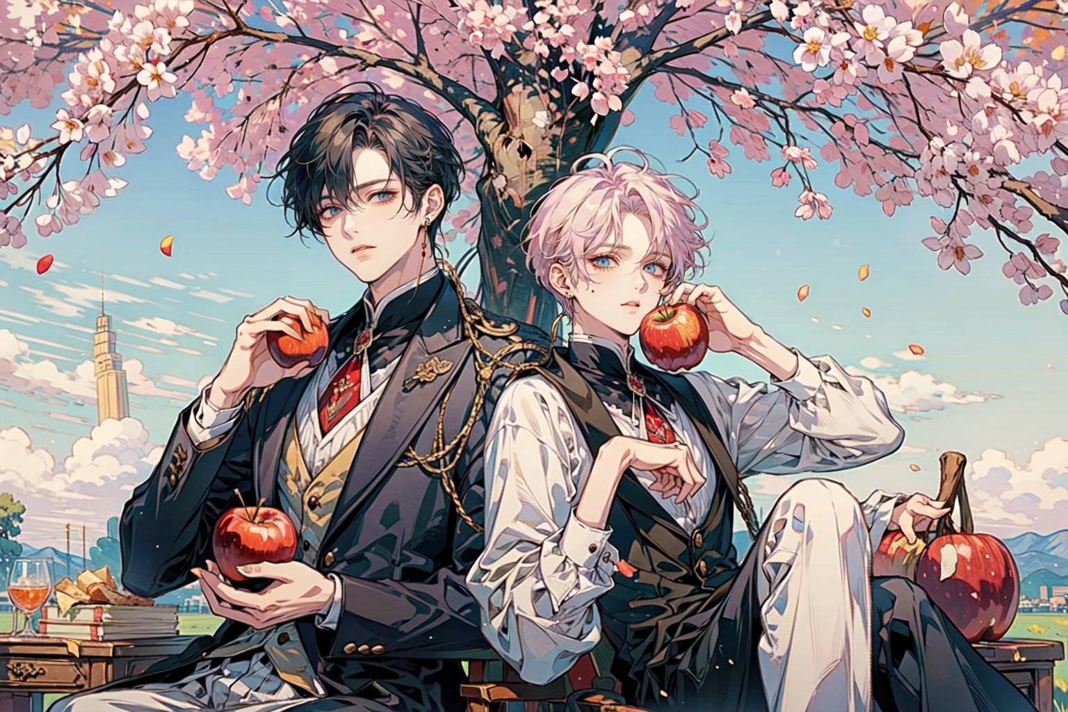 2boys, hold an apple, sit under apple tree, picnic, fox, dessert, food, a mole under eye, ear_rings, perfect light, pastelbg, best quality, highly detailed, masterpiece, 8K, looking_at_viewer, tarot card style,