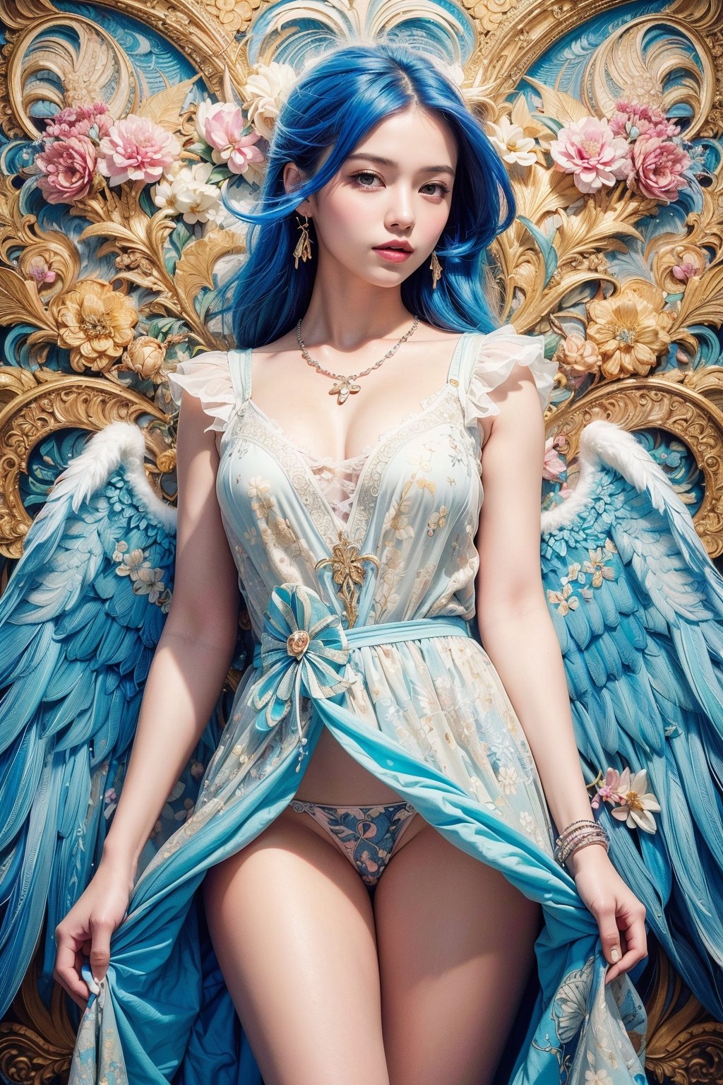 (Masterpiece, Best Quality, Best, Official Art, Beautiful and Aesthetic: 1.2), 1girl, (Pop Art: 1.4), (Zentangle, Flower Effect: 1.2), (Art Nouveau: 1.1), angelreah, blue hair, angel wings , white dress, skirt lift, (no panties), necklace, gentle smile, happiness, cowboy shot, ponytail, angel wings, straight, batik, Indonesia,windlift