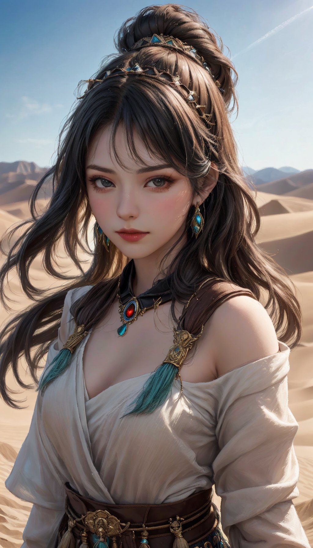 a young woman in shaman's garb, portrait shot of a beautiful youth, an ancient princess, the vanishing line of the desert is below the woman's waist, the sky is clear and transparent, (best quality,4k,8k,highres,masterpiece:1.2),ultra-detailed,(realistic,photorealistic,photo-realistic:1.3), HDR, UHD, studio lighting, ultra-fine painting, sharp focus, physically-based rendering, extreme detail description, professional, vivid colors, bokeh, desert, traditional costume, shaman, young woman, portrait, ancient princess, clear sky,windlift