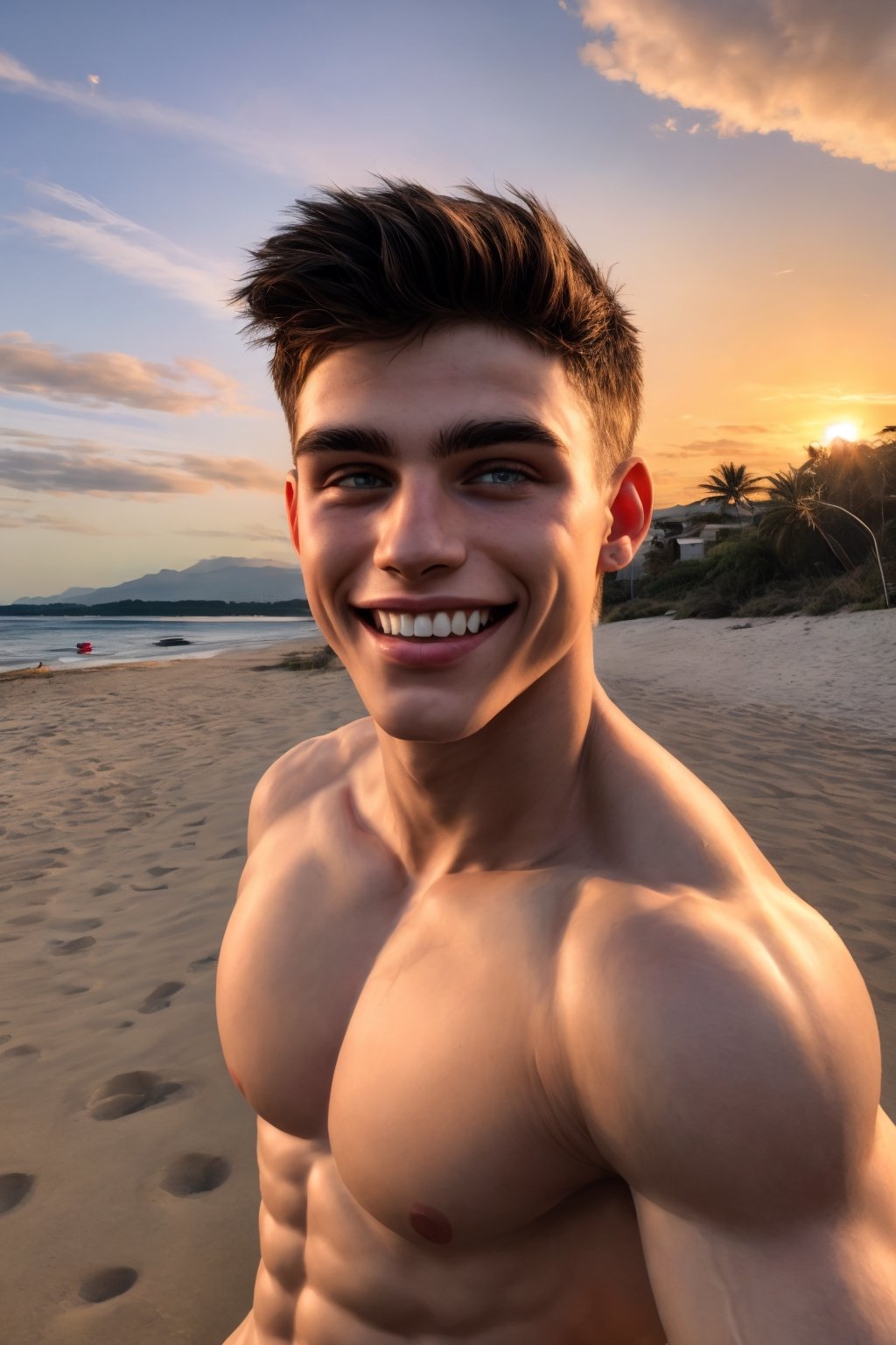 16 year old streamer handsome appearance a beautiful sunset, gym physique ,real life effects,motion effects,no buildings,clear clouds,beach place,White skin color,Real life landscape,hunter eyes,and defined jaw,a smiling or attractive face,perfect teeth,muscle effect

